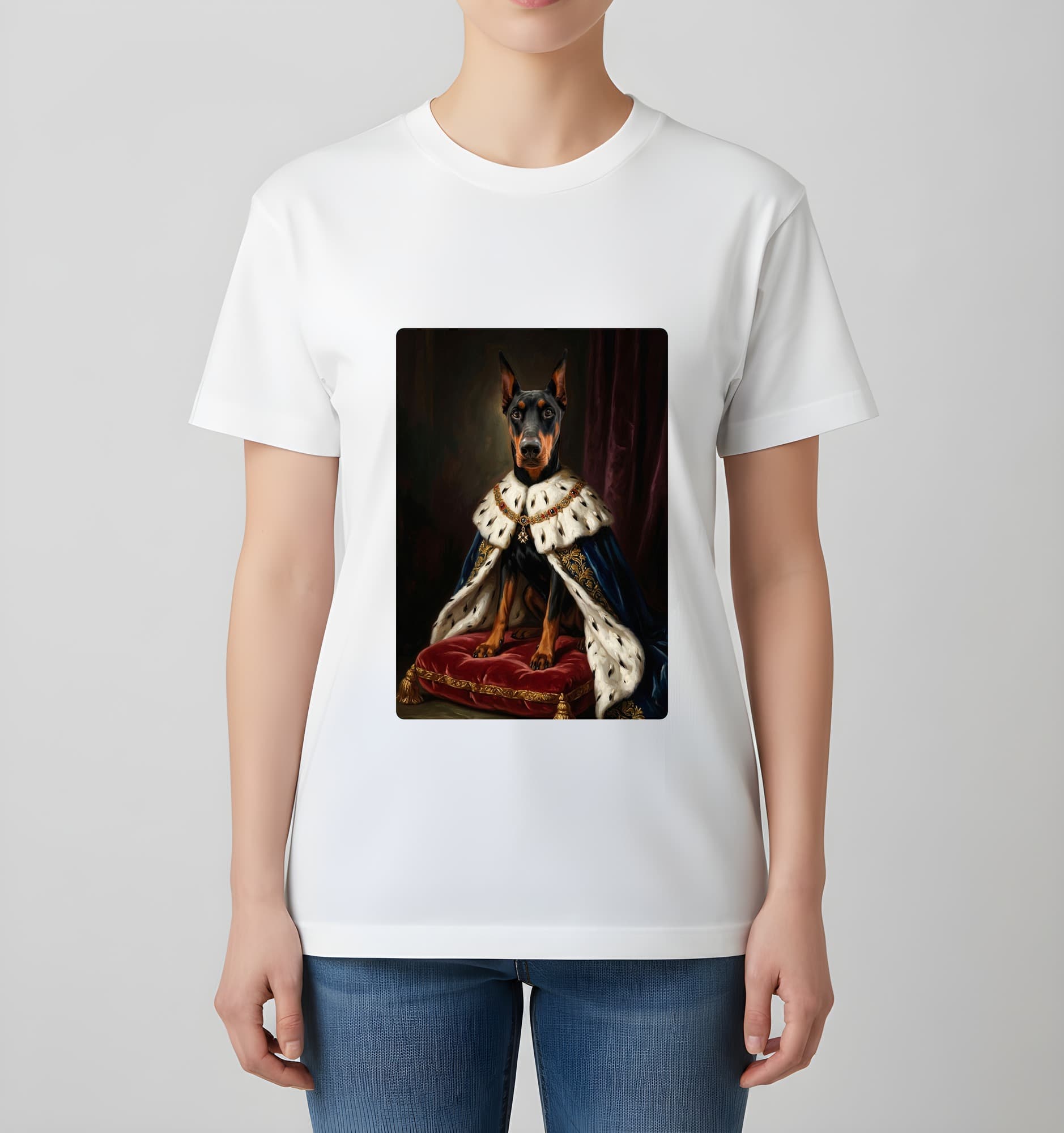 ドーベルマンのルネサンス肖像画Tシャツ(ホワイト・カラープリント・額縁なし) 4