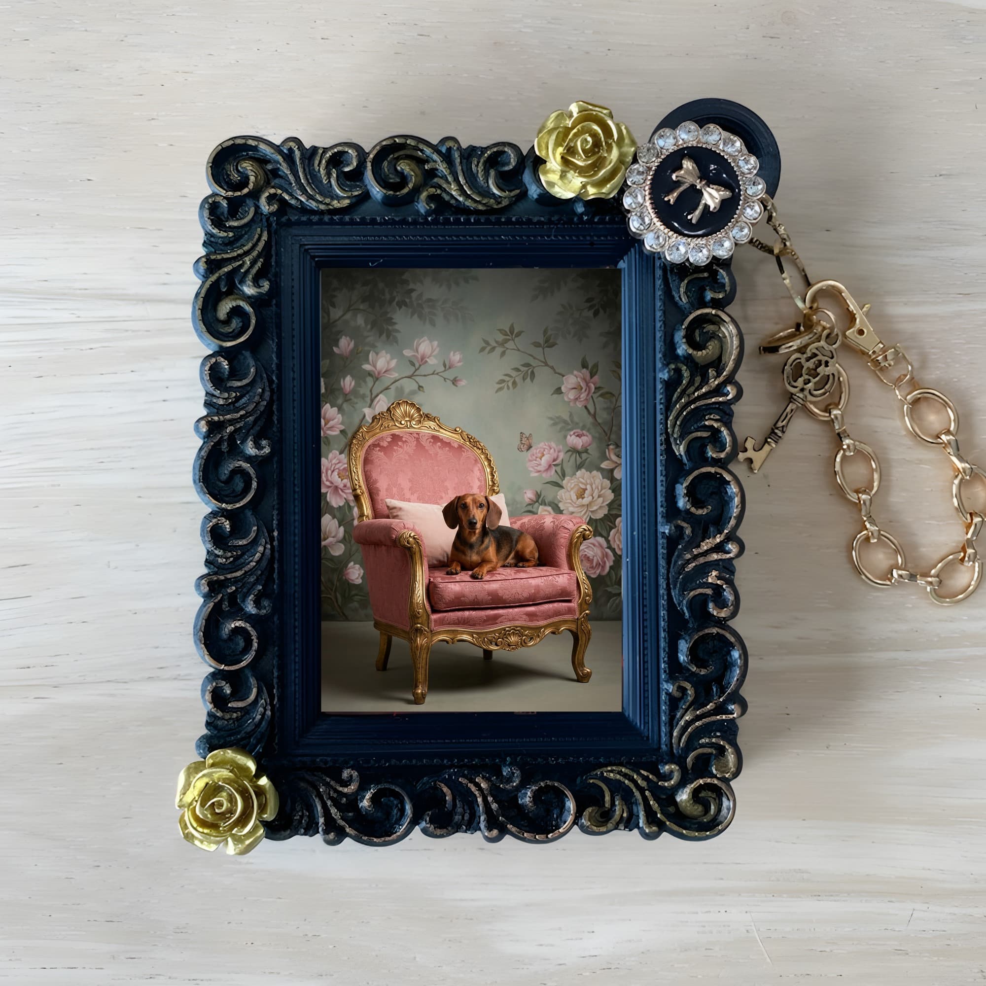 miniature dachshund Shabby Pink Oil-Painting Rococo Bag Charm (Black)