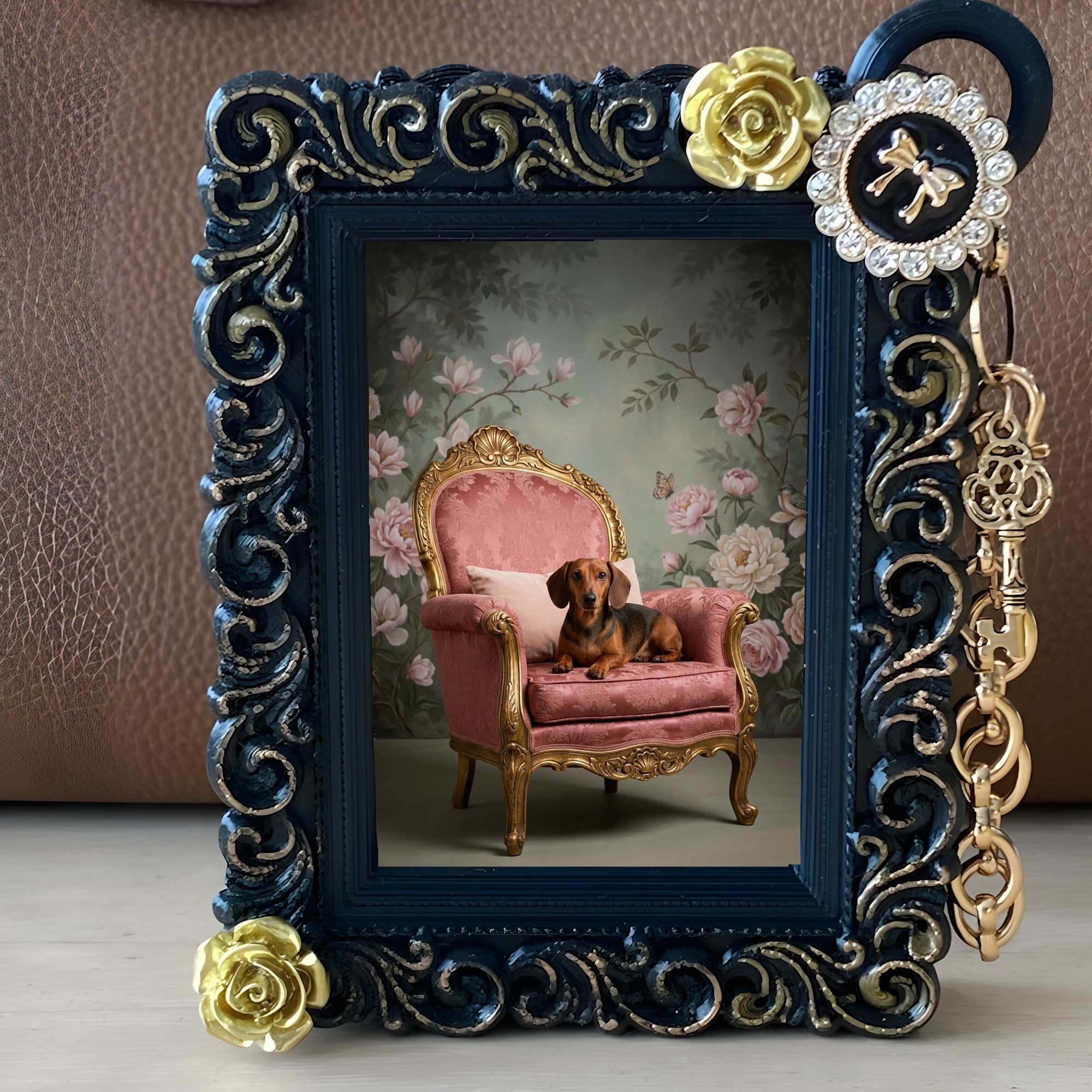 miniature dachshund Shabby Pink Oil-Painting Rococo Bag Charm (Black) 2