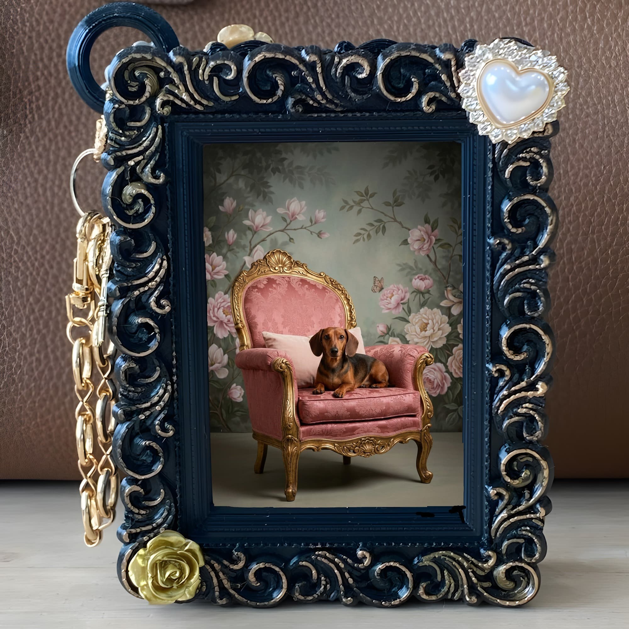 miniature dachshund Shabby Pink Oil-Painting Rococo Bag Charm (Black) 5