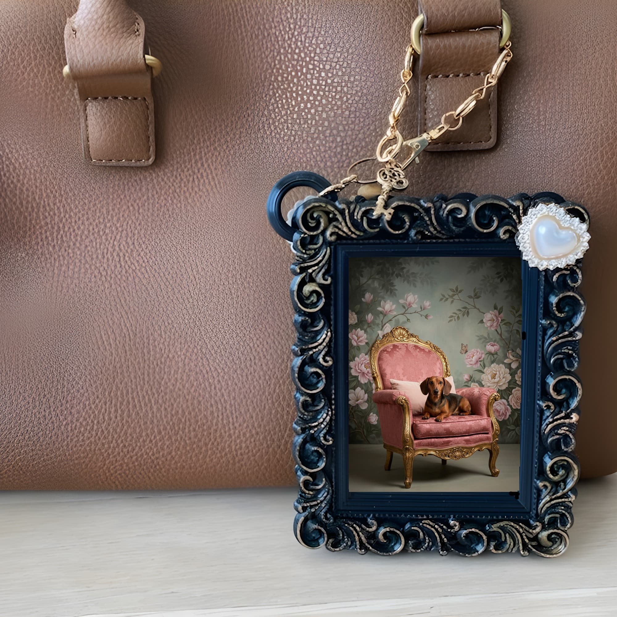 miniature dachshund Shabby Pink Oil-Painting Rococo Bag Charm (Black) 6