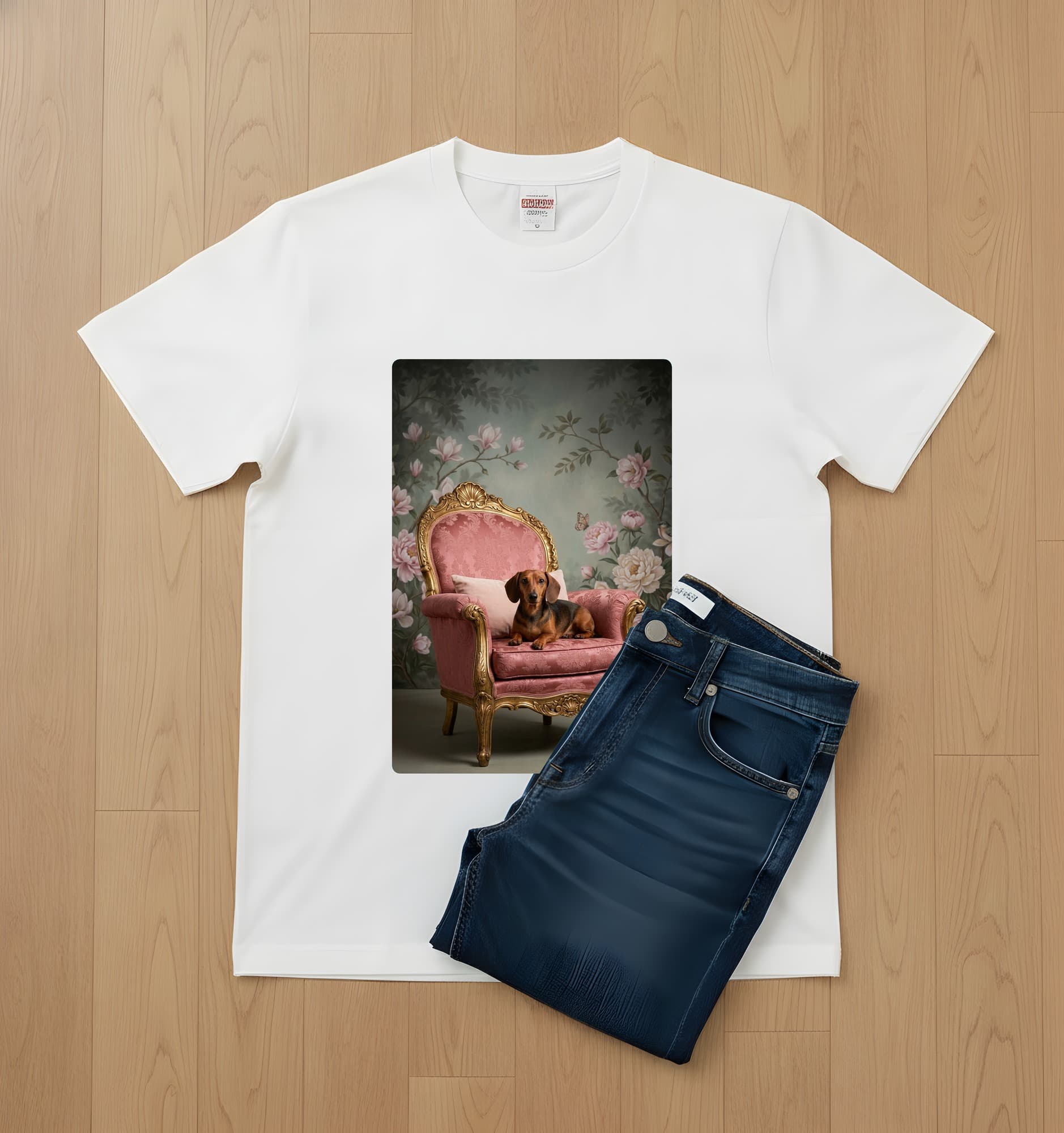 ミニチュアダックスフンドのシャビーピンクの油絵風アートロココ調Tシャツ(ホワイト) 2