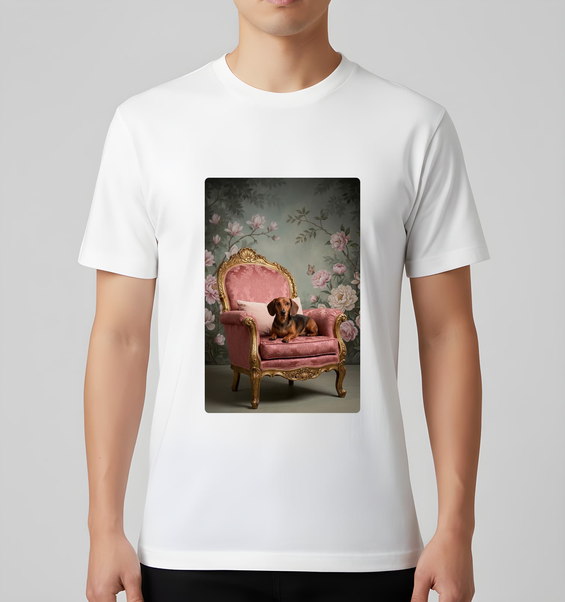 ミニチュアダックスフンドのシャビーピンクの油絵風アートロココ調Tシャツ(ホワイト) 3