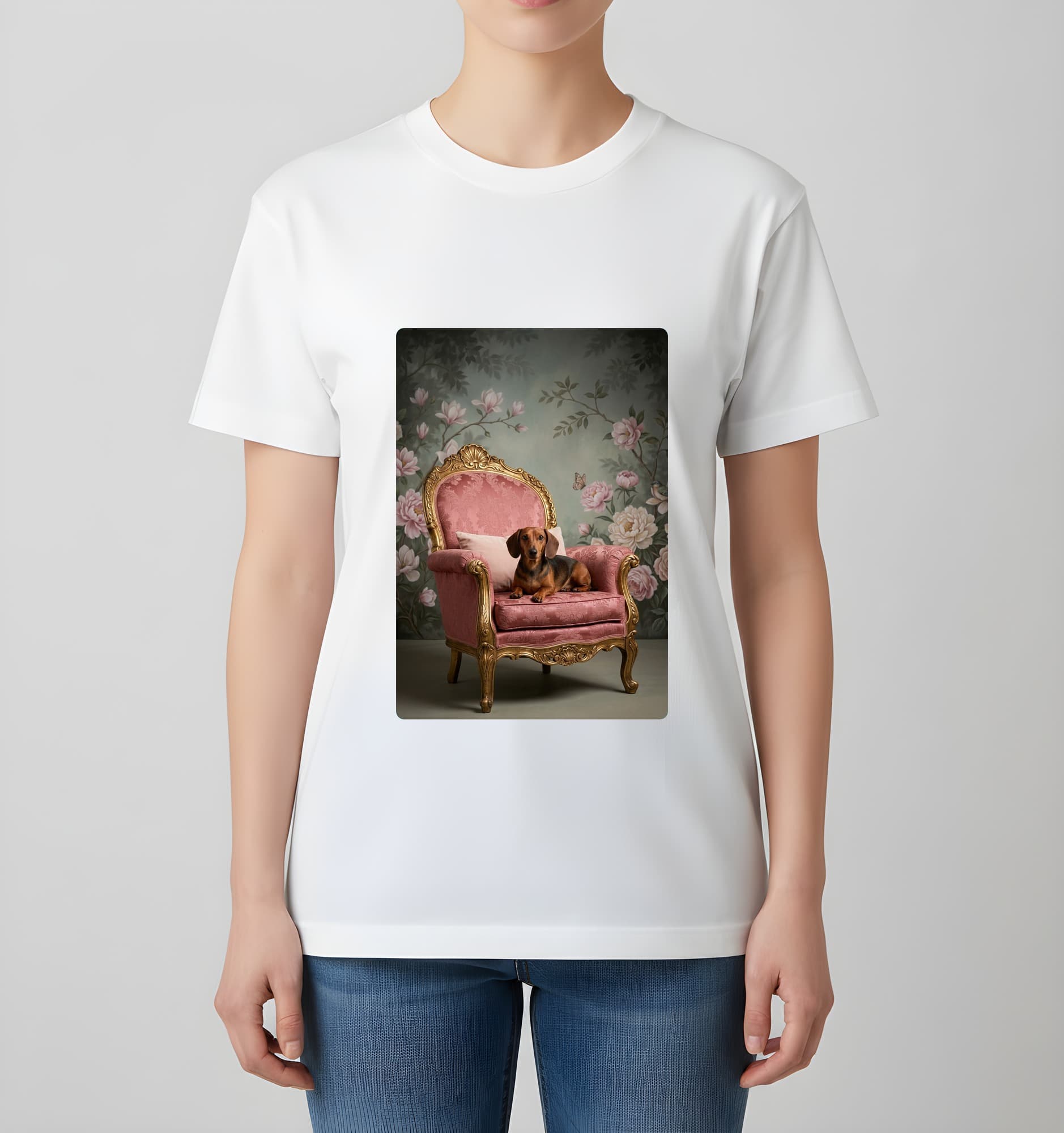 ミニチュアダックスフンドのシャビーピンクの油絵風アートロココ調Tシャツ(ホワイト) 4