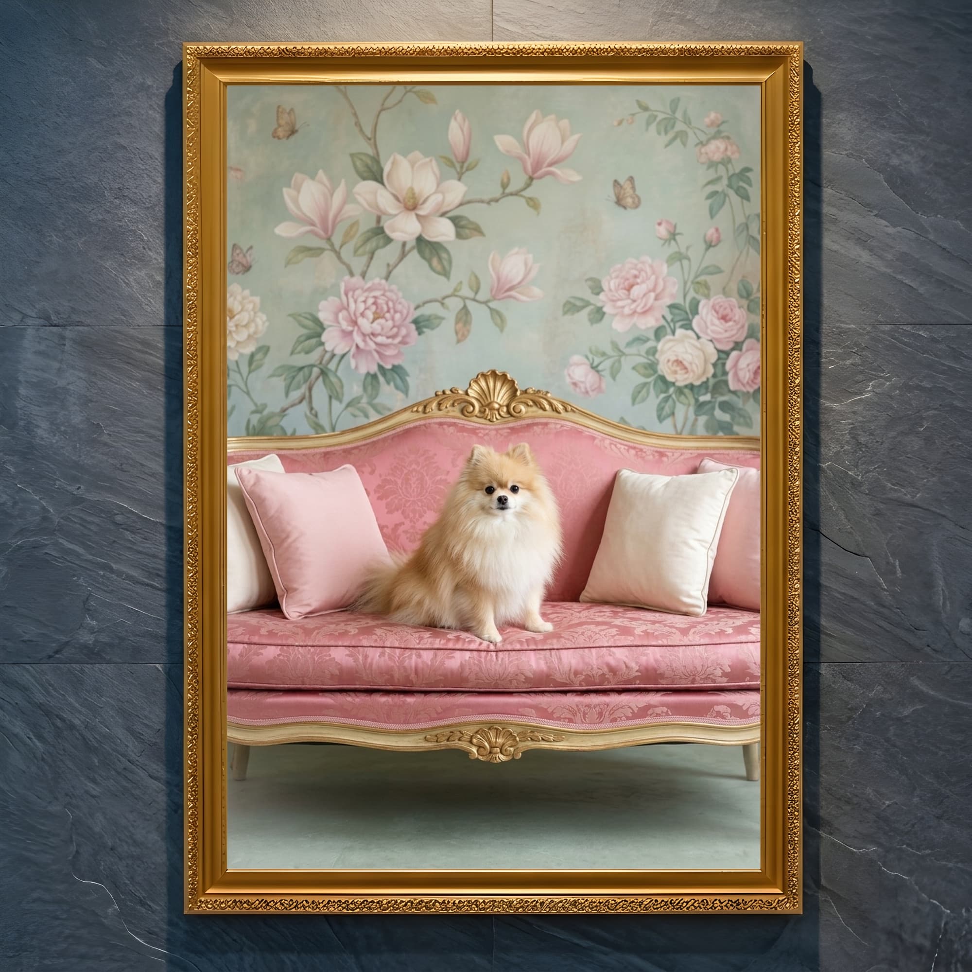 Pomeranian Shabby Pink Oil-Painting Rococo Framed Art Print (A4 Gold)
