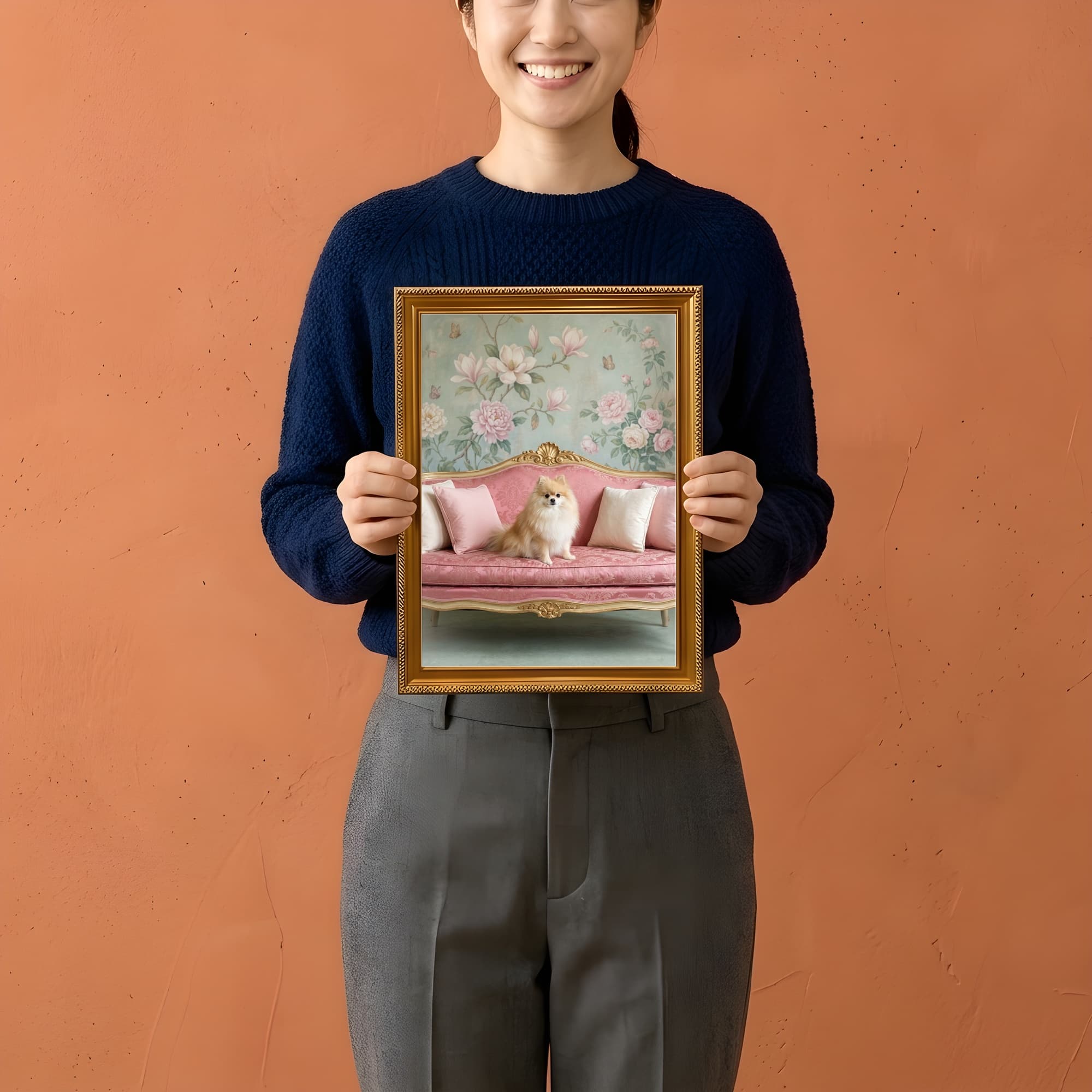 Pomeranian Shabby Pink Oil-Painting Rococo Framed Art Print (A4 Gold) 2