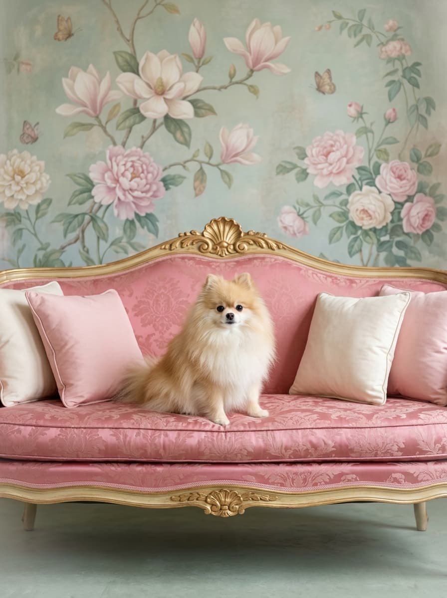 Pomeranian Shabby Pink Oil-Painting Rococo Framed Art Print (A4 Gold) 4