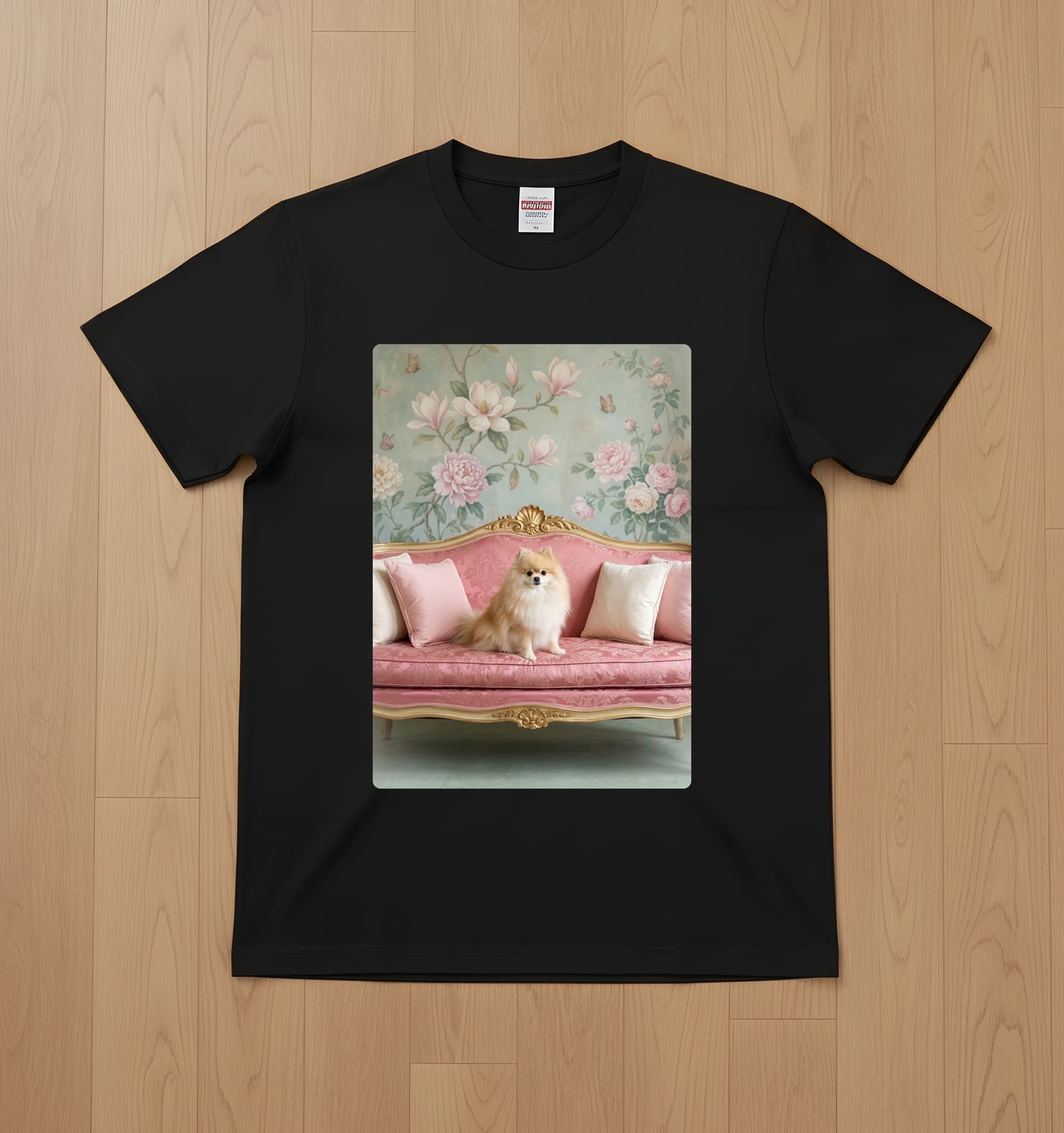 Pomeranian Shabby Pink Oil-Painting Rococo T-Shirt (Black)