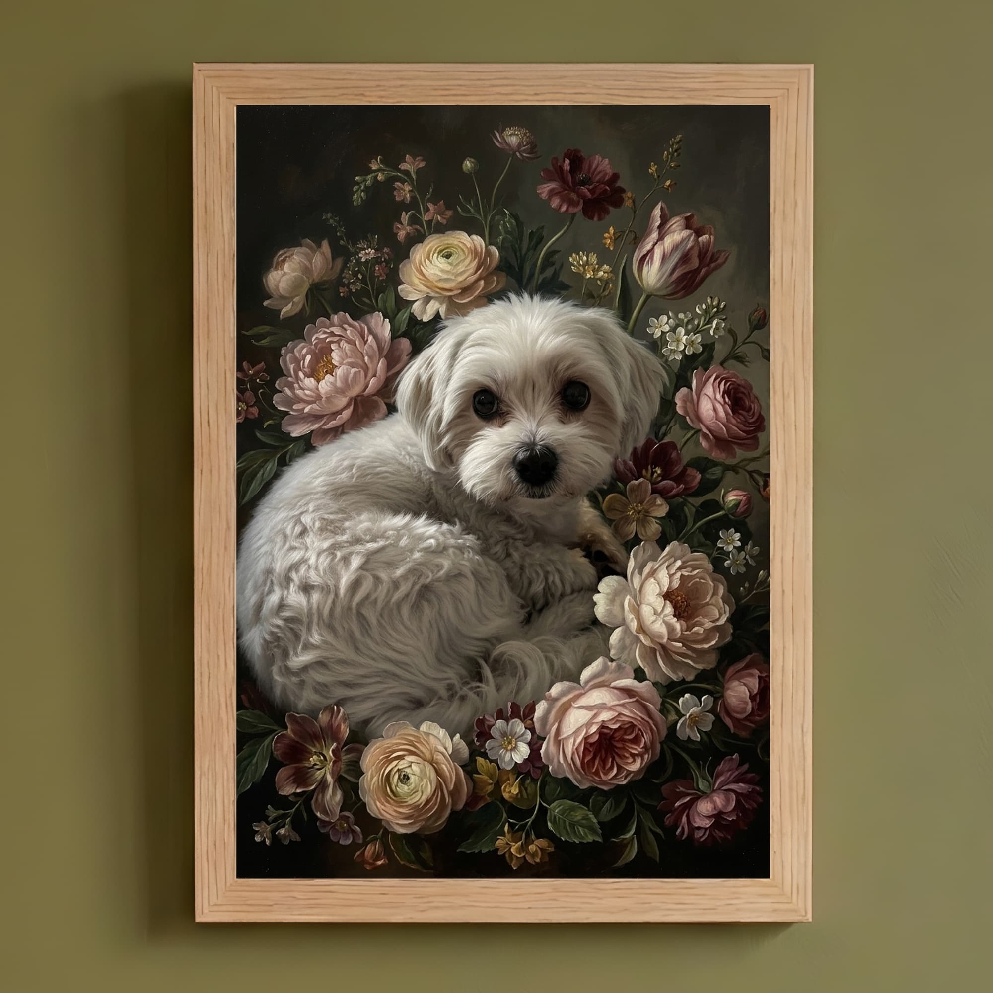 マルチーズの花の油絵風アート花柄額装プリント(A4サイズ)