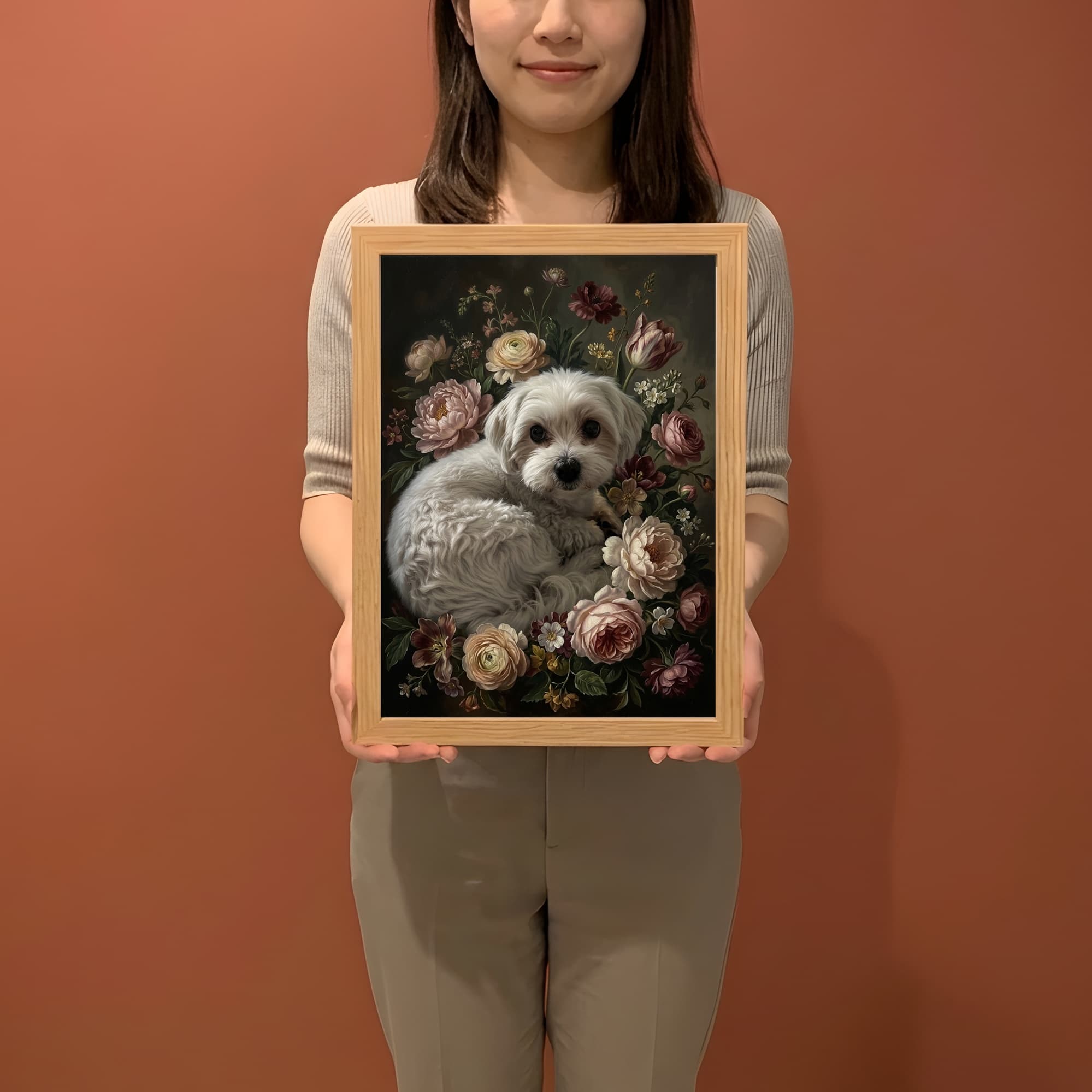 マルチーズの花の油絵風アート花柄額装プリント(A4サイズ) 2