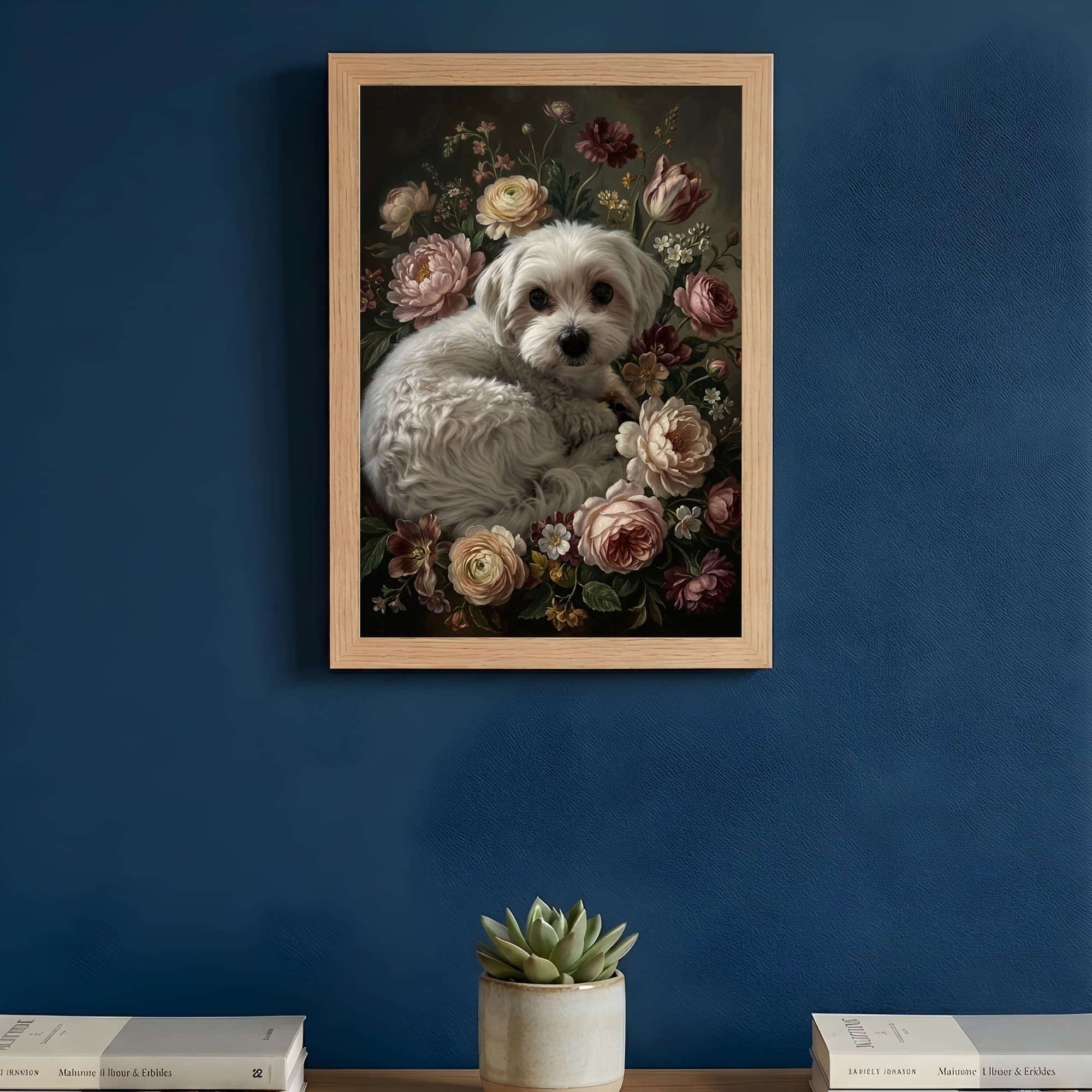 マルチーズの花の油絵風アート花柄額装プリント(A4サイズ) 3