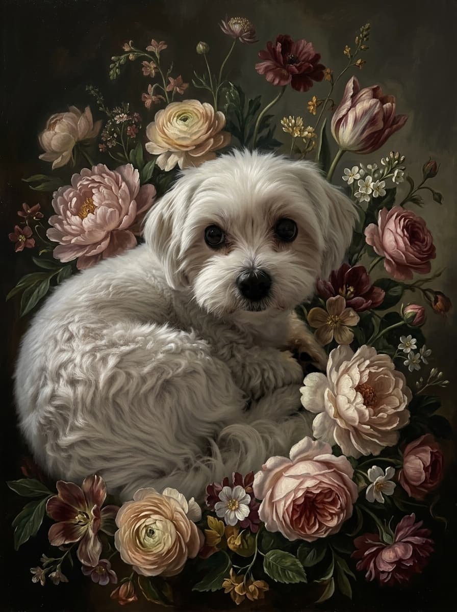 マルチーズの花の油絵風アート花柄額装プリント(A4サイズ) 4
