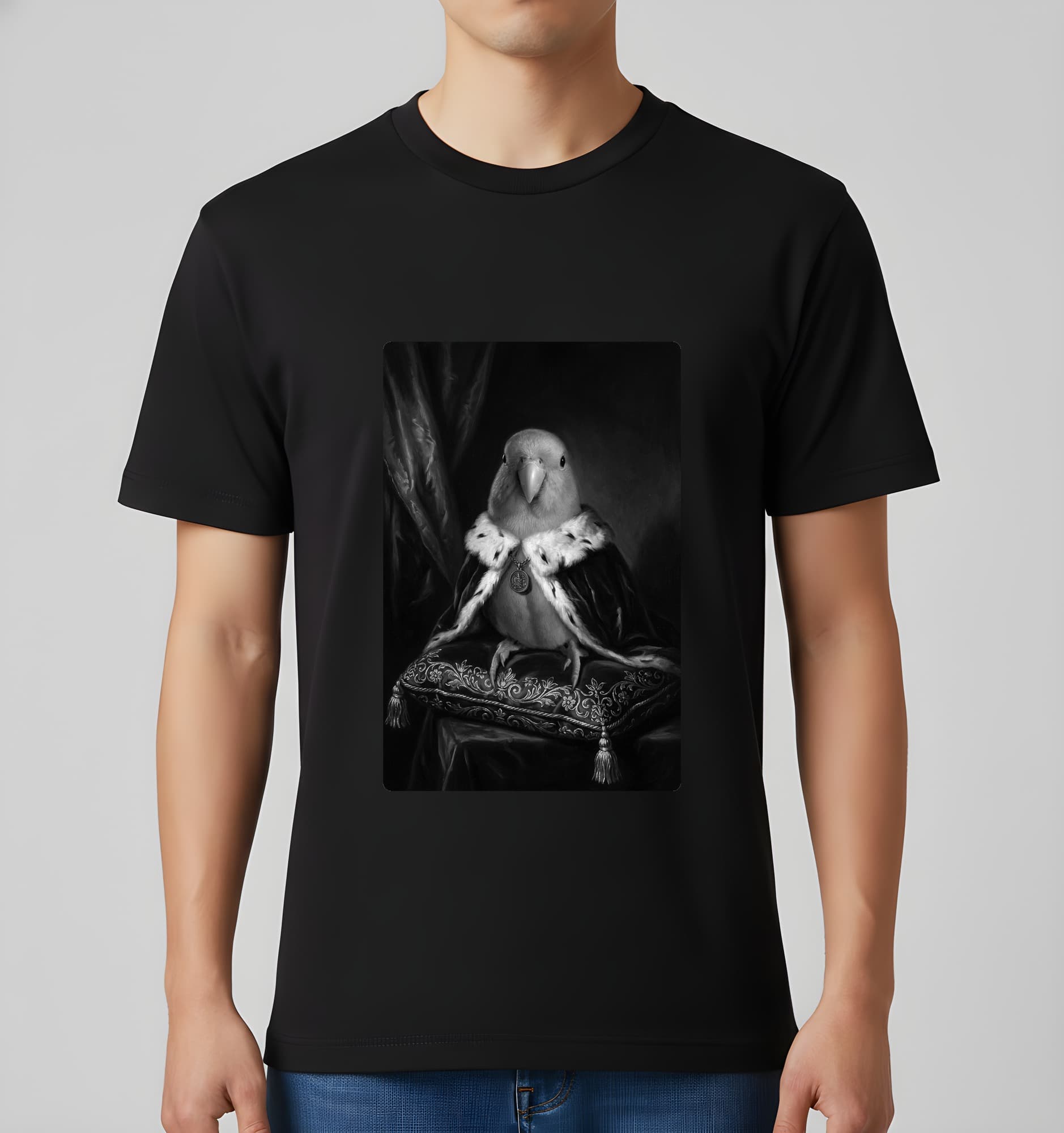 Bourke's Parakeet Renaissance Portrait T-Shirt (Black, Monochrome Print, No Frame) 3