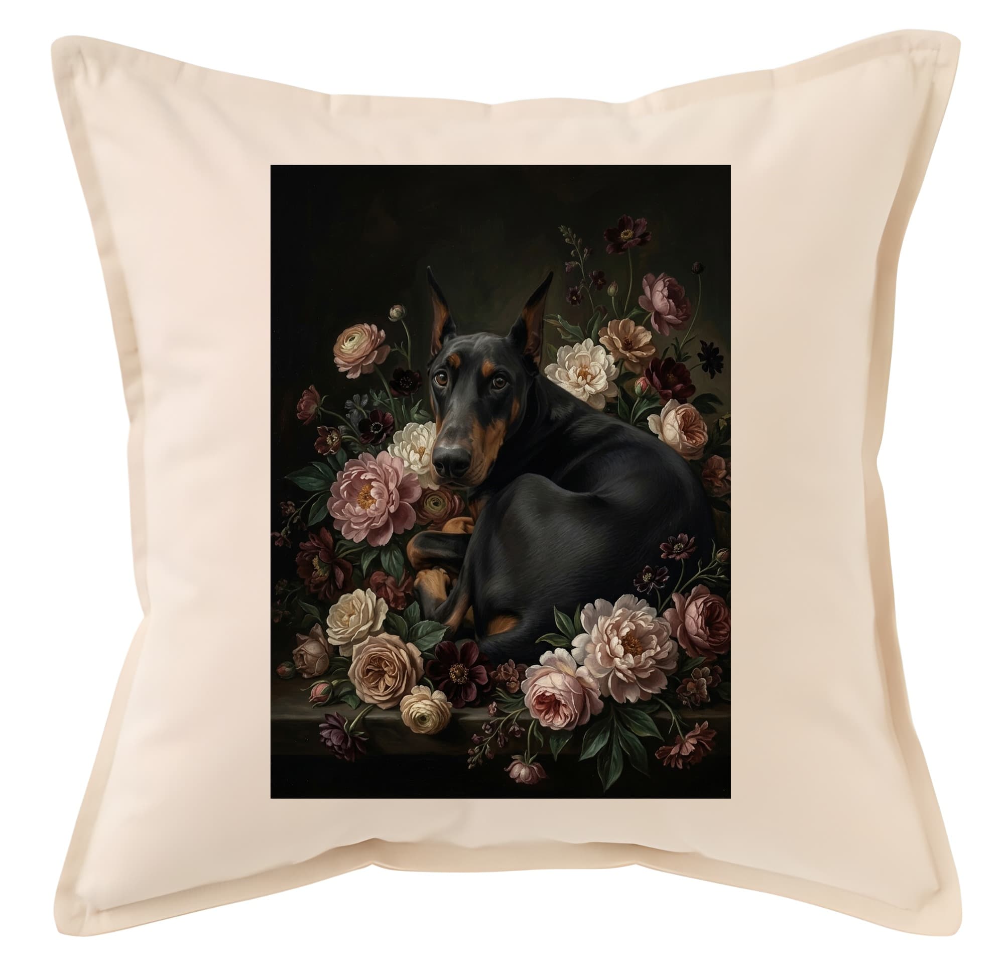 Doberman Floral Oil-Painting Floral Cushion