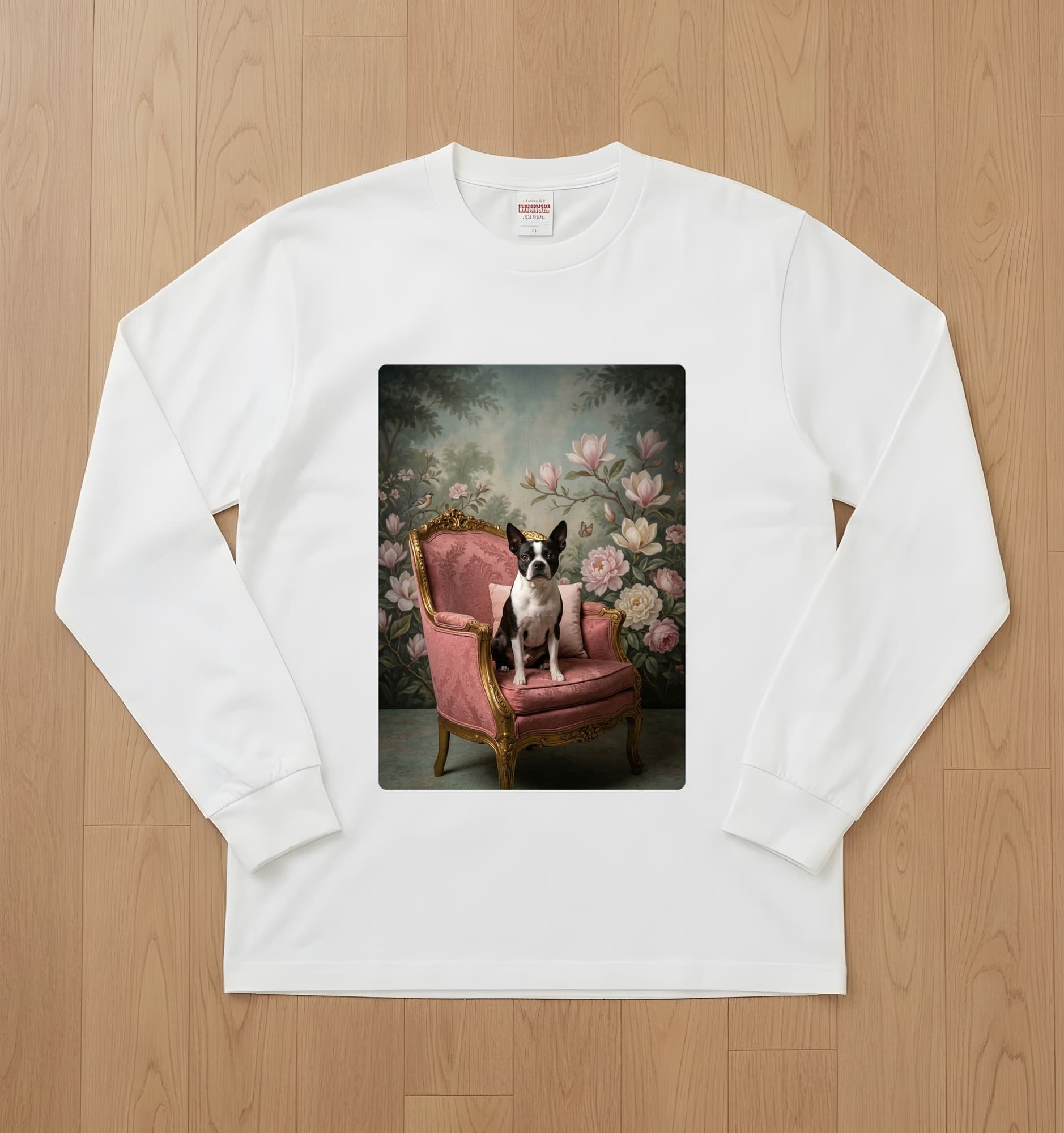 Boston terrier Shabby Pink Oil-Painting Rococo Long Sleeve T-Shirt (White)