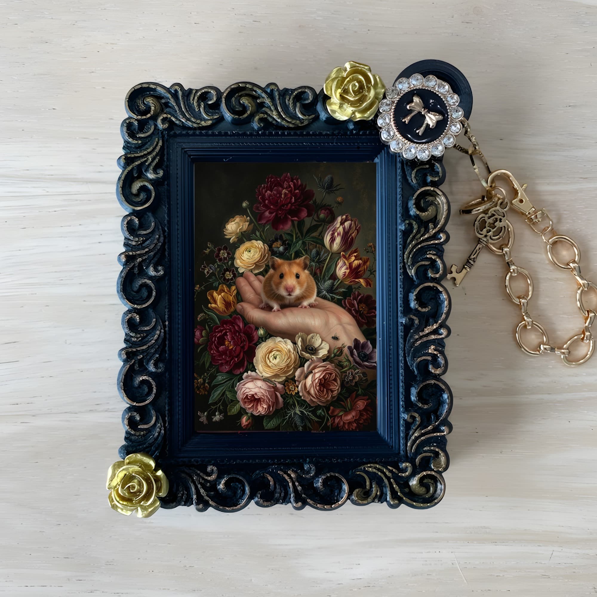 Golden hamster Floral Oil-Painting Floral Bag Charm (Black)