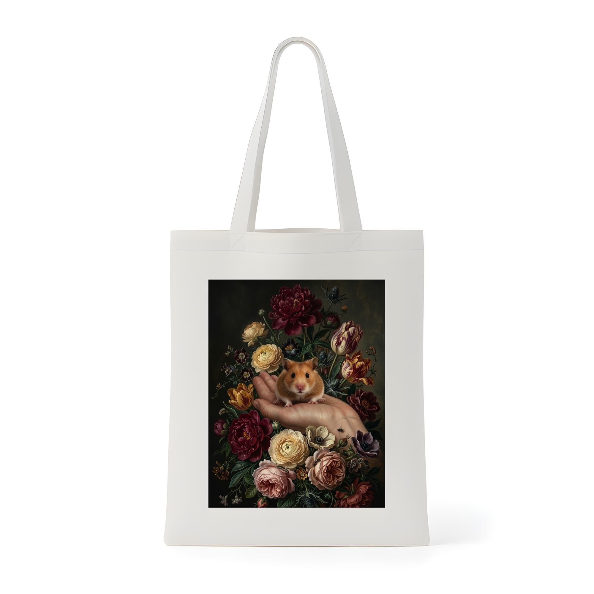 ゴールデンハムスターの花の油絵風アート花柄トートバッグ