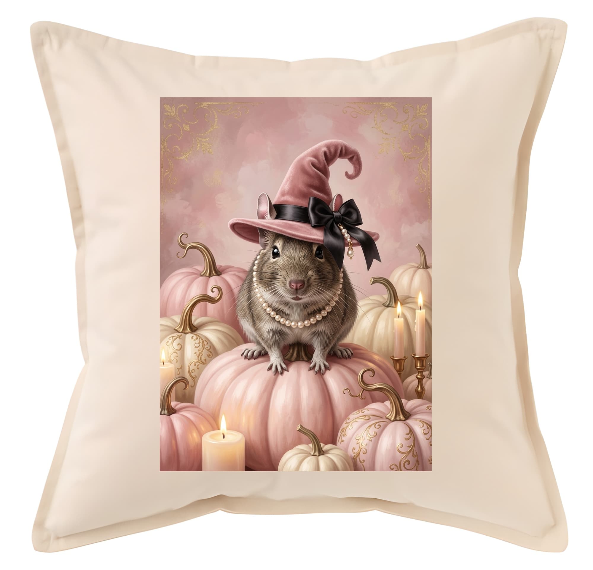 デグーのかぼちゃとキャンドルの油絵風アートハロウィンクッション
