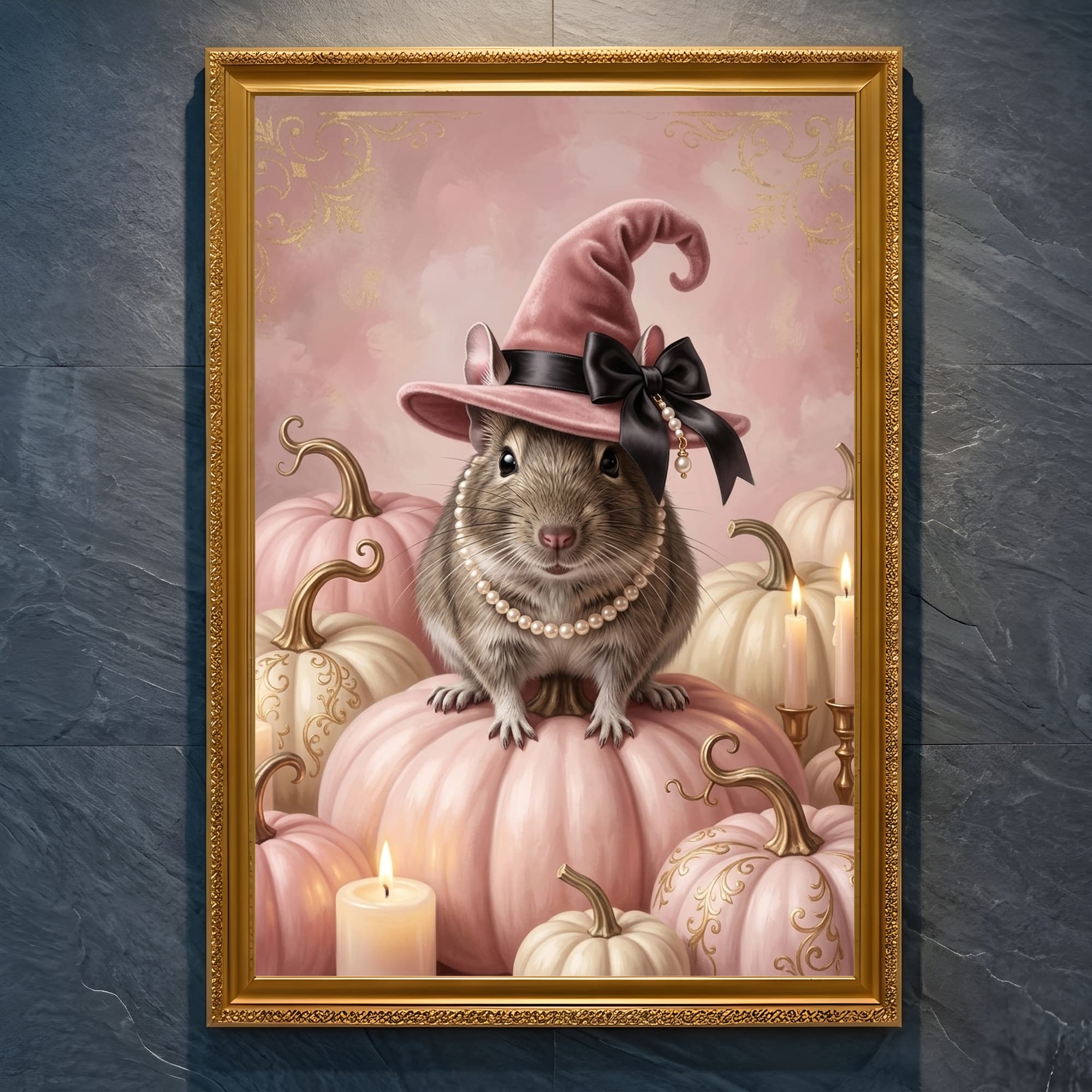 Degu Pumpkin & Candlelight Oil-Painting Halloween Framed Art Print (A4 Gold)