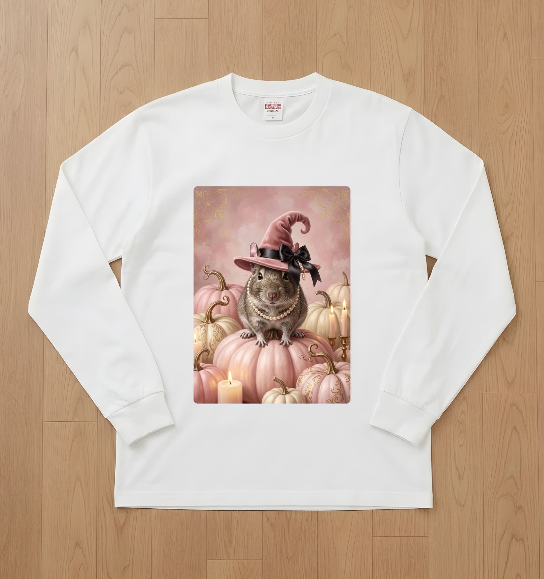 Degu Pumpkin & Candlelight Oil-Painting Halloween Long Sleeve T-Shirt (White)