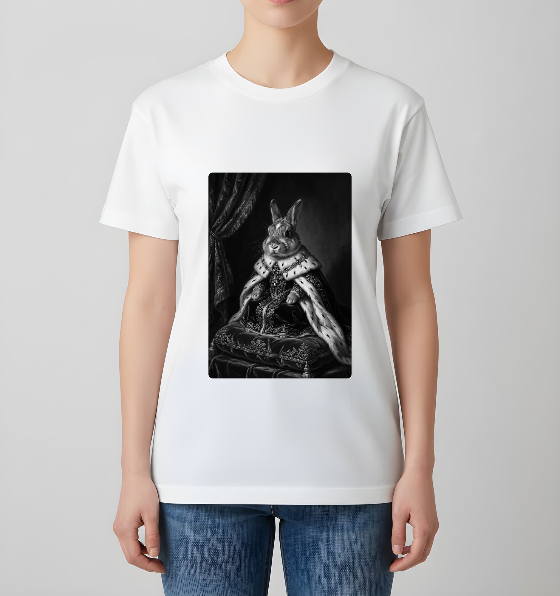 うさぎのルネサンス肖像画Tシャツ(ホワイト・モノクロプリント・額縁なし) 4