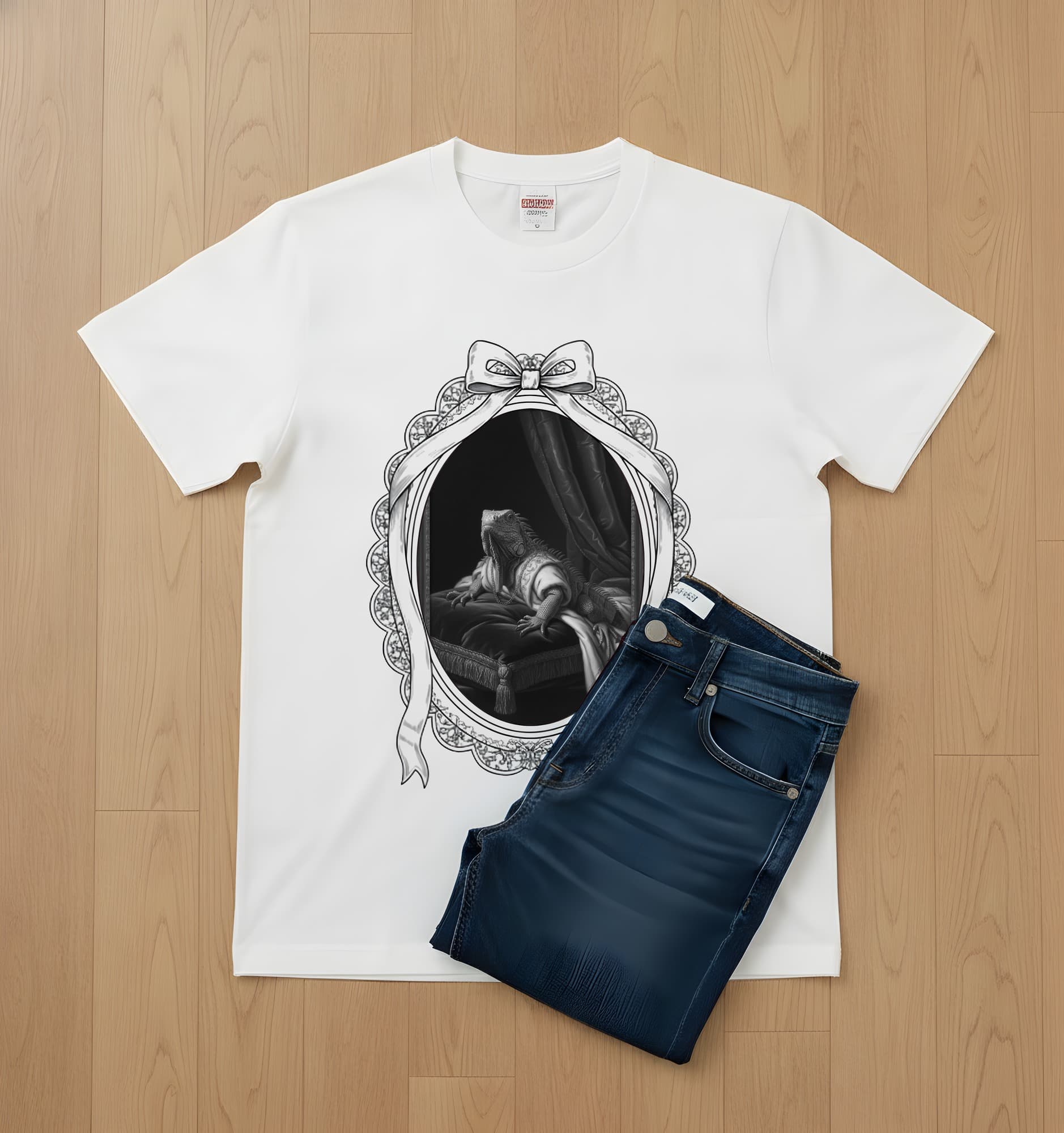 トゲオイグアナのルネサンス肖像画Tシャツ(ホワイト・モノクロプリント・額縁デザインあり) 2