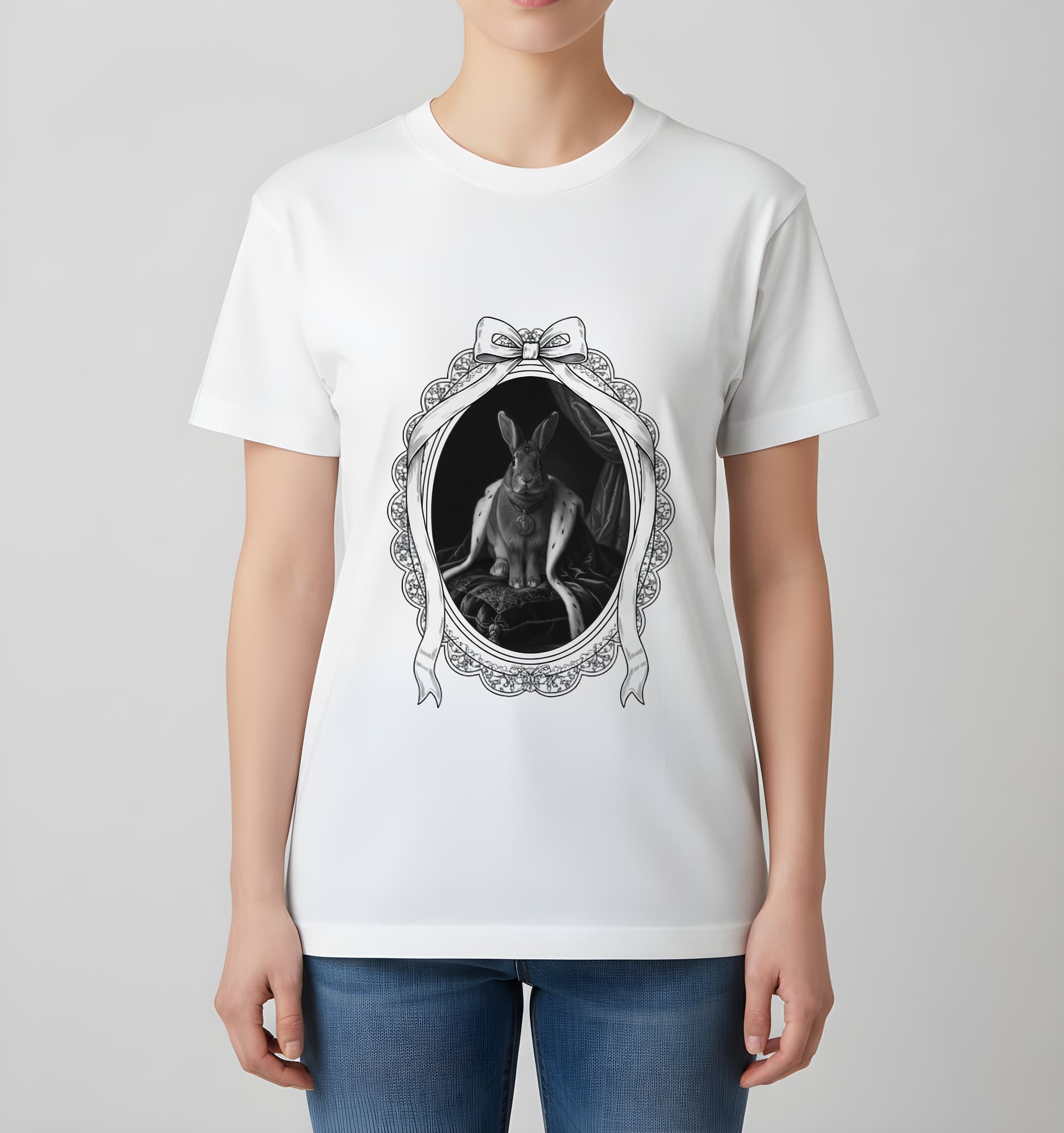 フレミッシュジャイアントのルネサンス肖像画Tシャツ(ホワイト・モノクロプリント・額縁デザインあり) 4