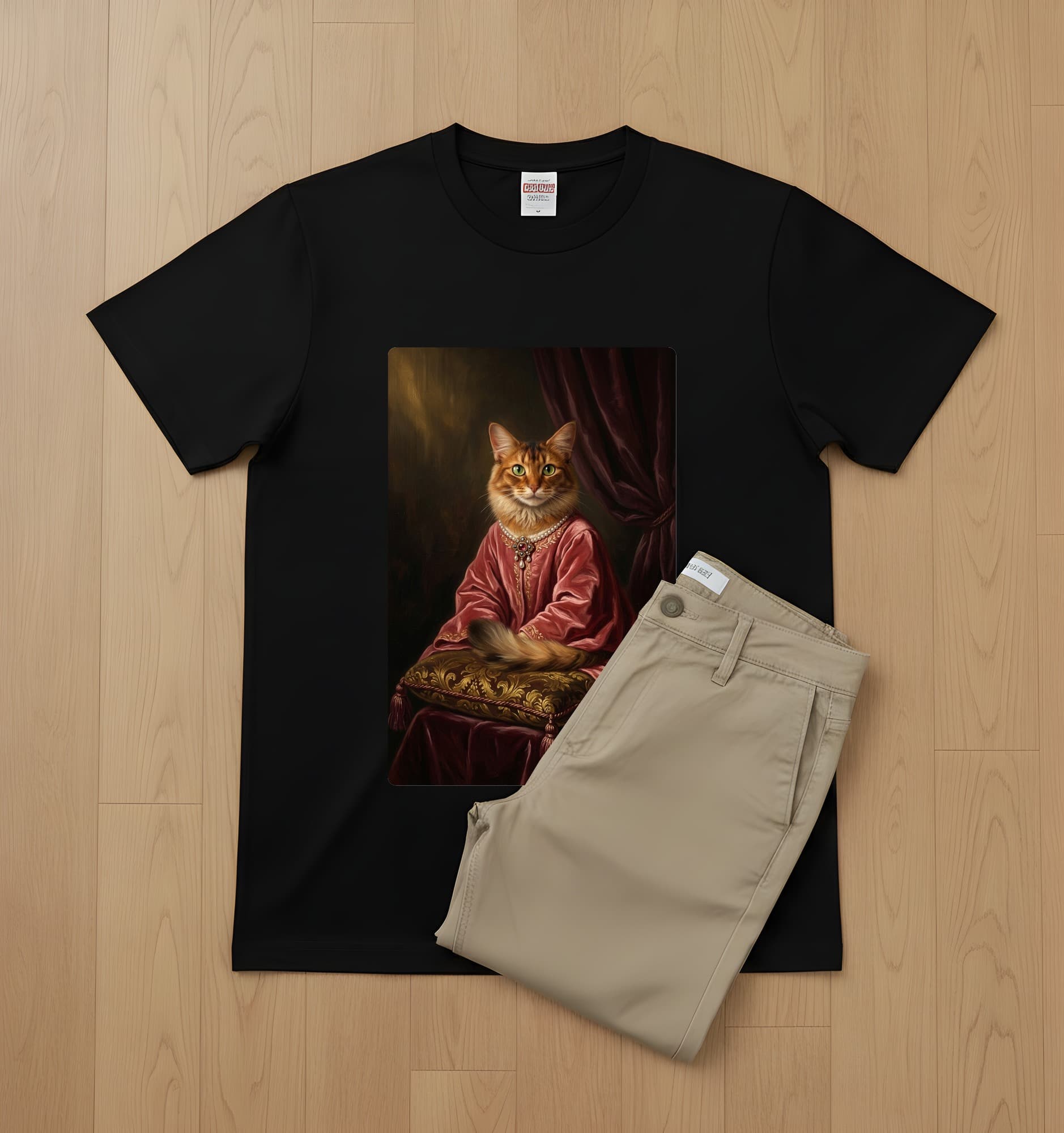 ソマリのルネサンス肖像画Tシャツ(ブラック・カラープリント・額縁なし) 2
