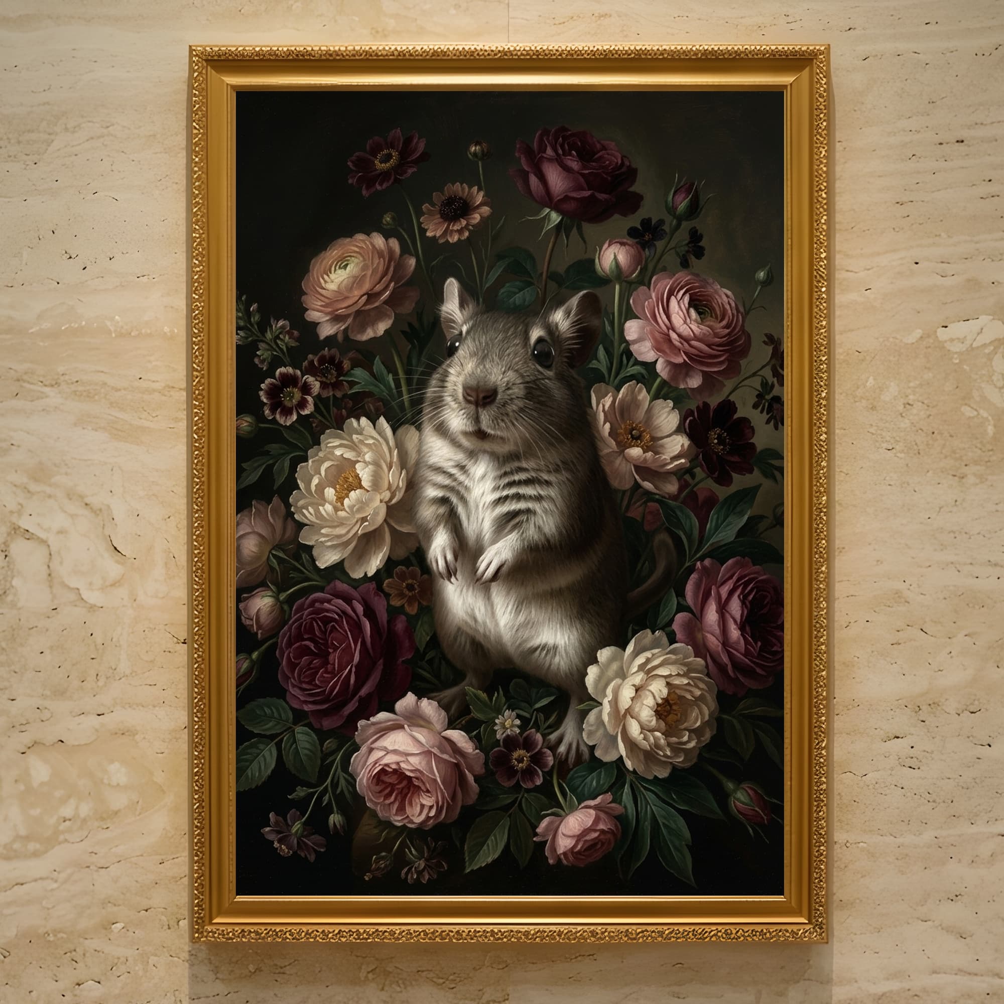 デグーの花の油絵風アート花柄額装プリント(A3サイズ)