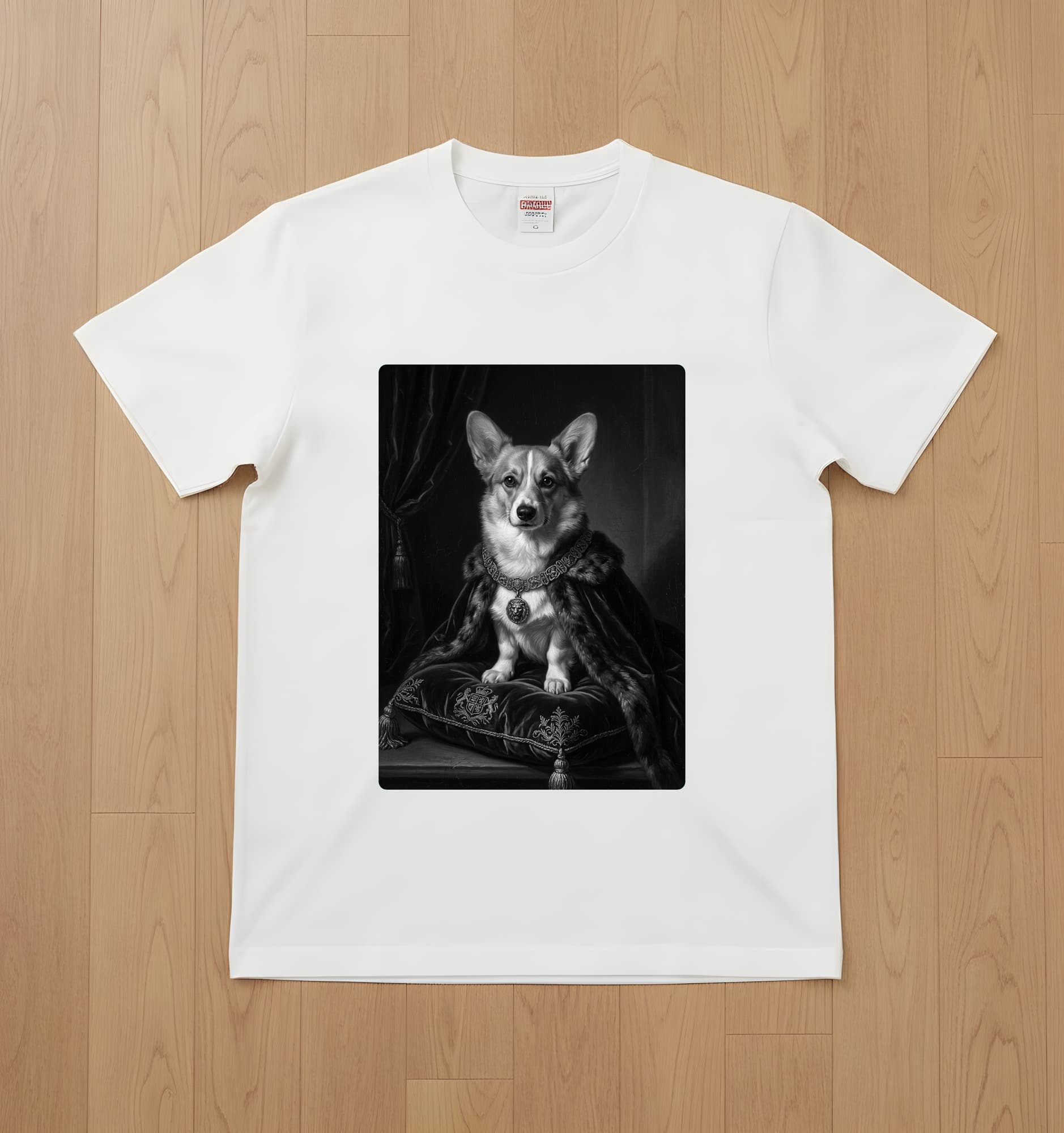 Pembroke Welsh corgi Renaissance Portrait T-Shirt (White, Monochrome Print, No Frame)
