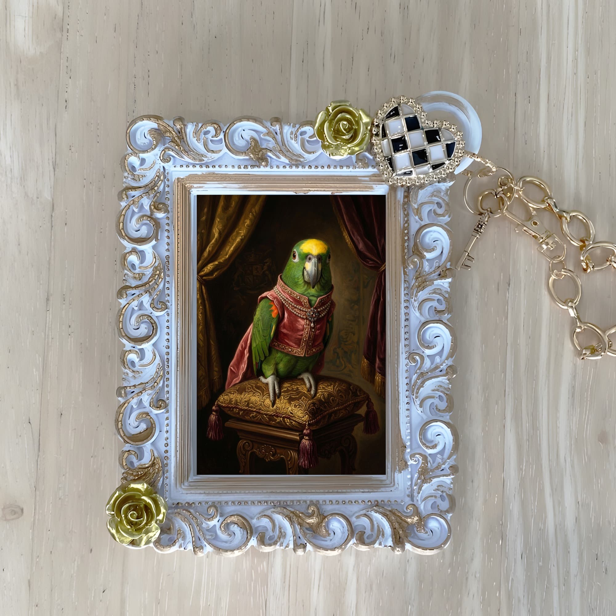 Yellow-naped Amazon Renaissance Portrait Bag Charm (White)