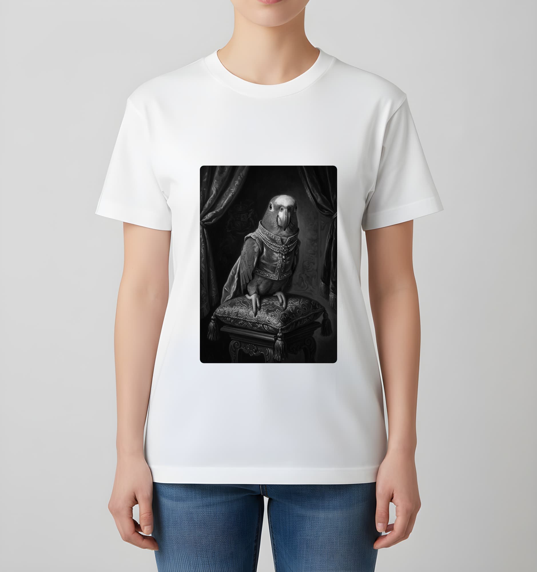 キエリボウシインコのルネサンス肖像画Tシャツ(ホワイト・モノクロプリント・額縁なし) 4