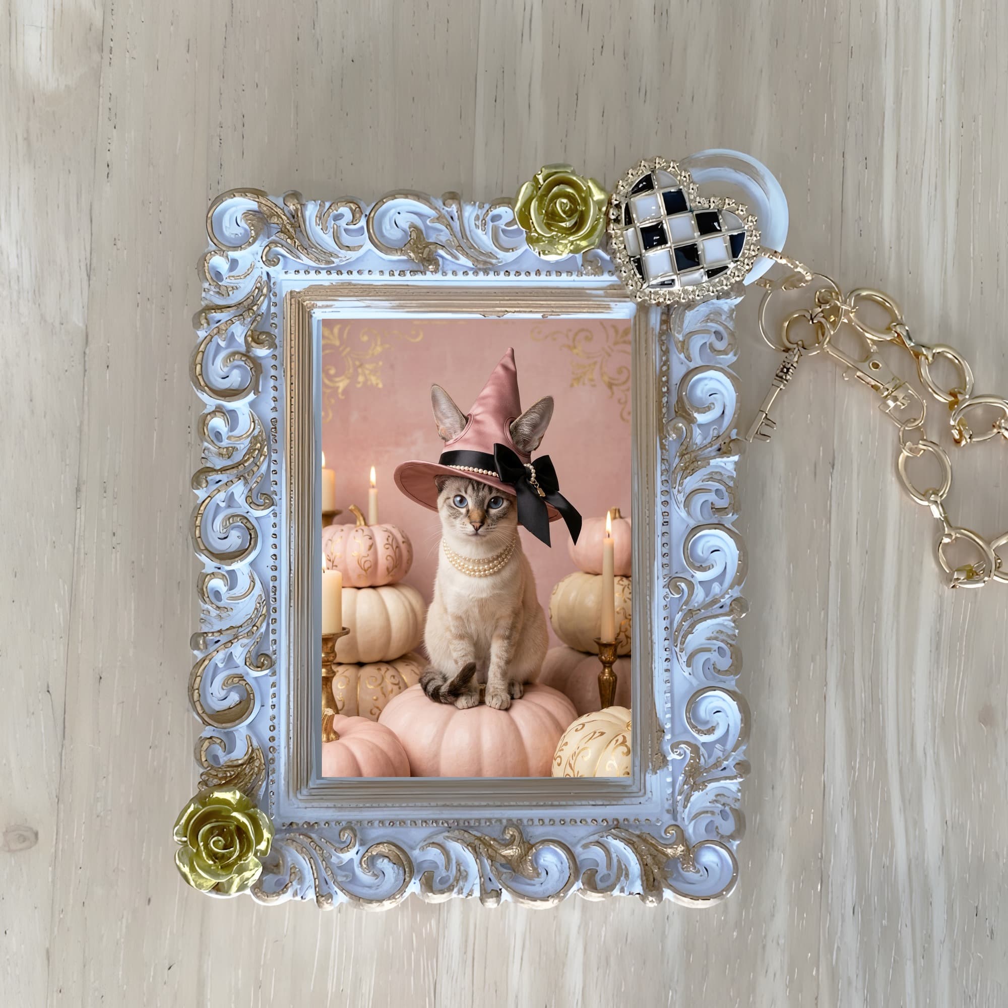 Tonkinese Pumpkin & Candlelight Oil-Painting Halloween Bag Charm (White)