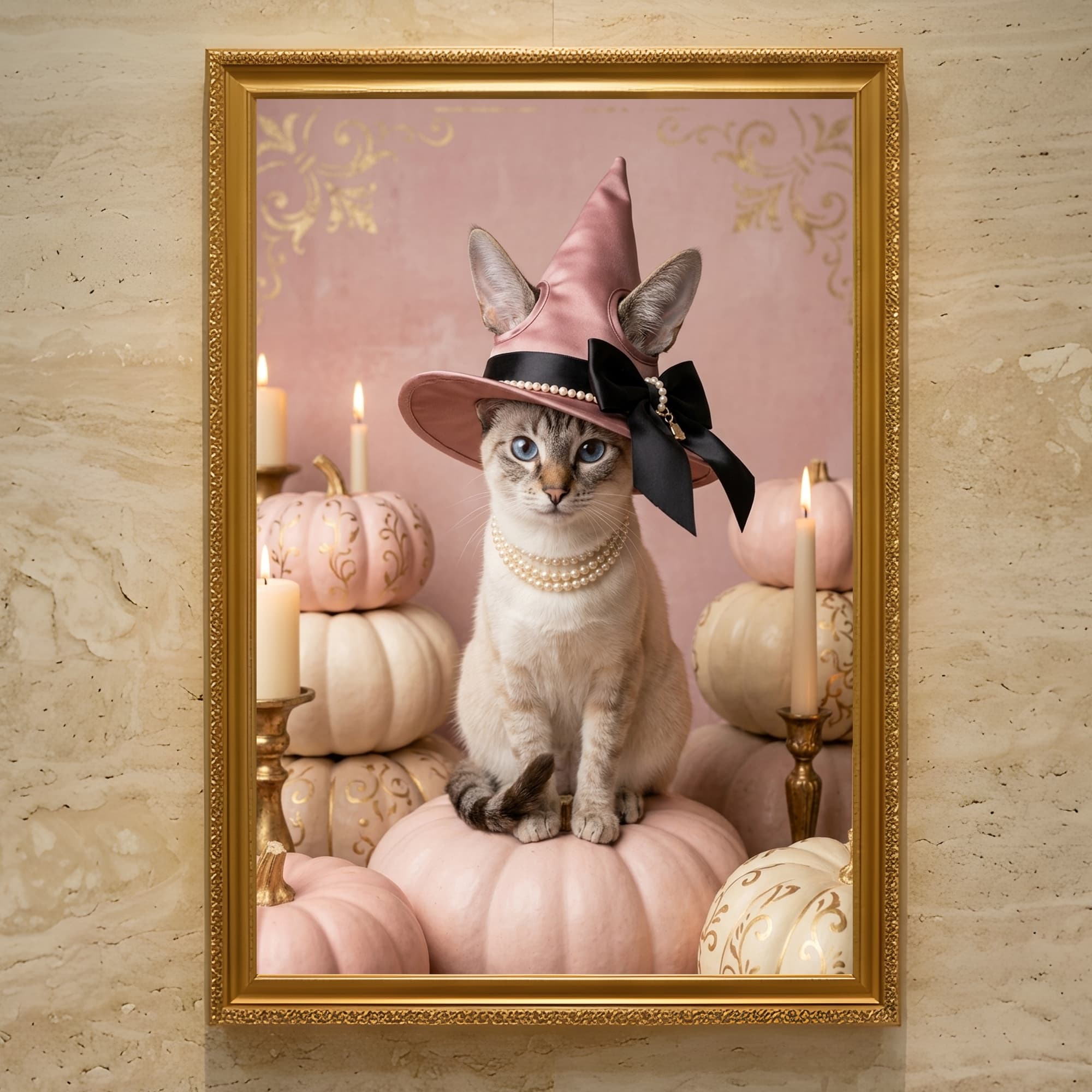 Tonkinese Pumpkin & Candlelight Oil-Painting Halloween Framed Art Print (A3)