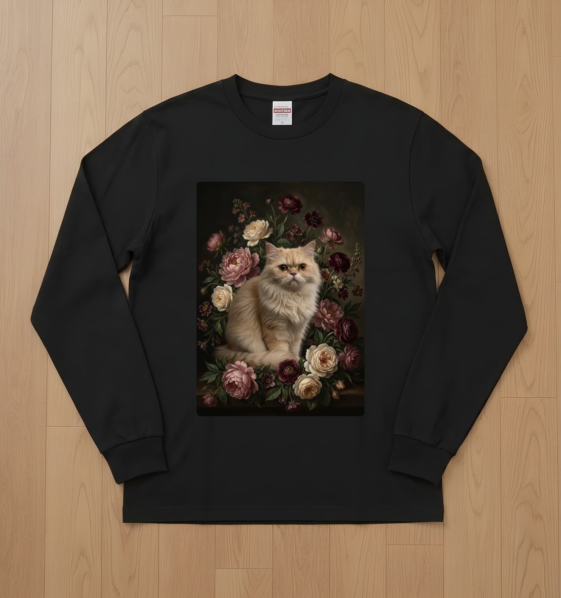 チンチラペルシャの花の油絵風アート花柄長袖Tシャツ(ブラック)