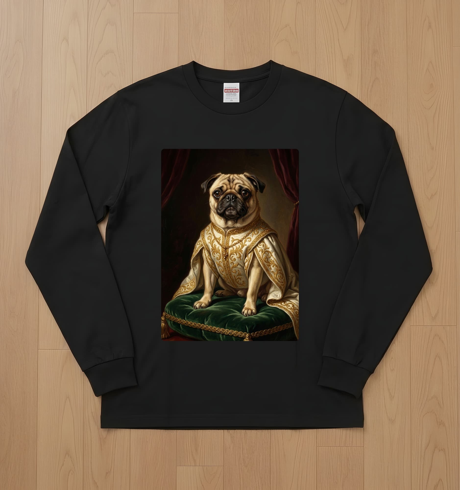 パグのルネサンス肖像画長袖Tシャツ(ブラック)
