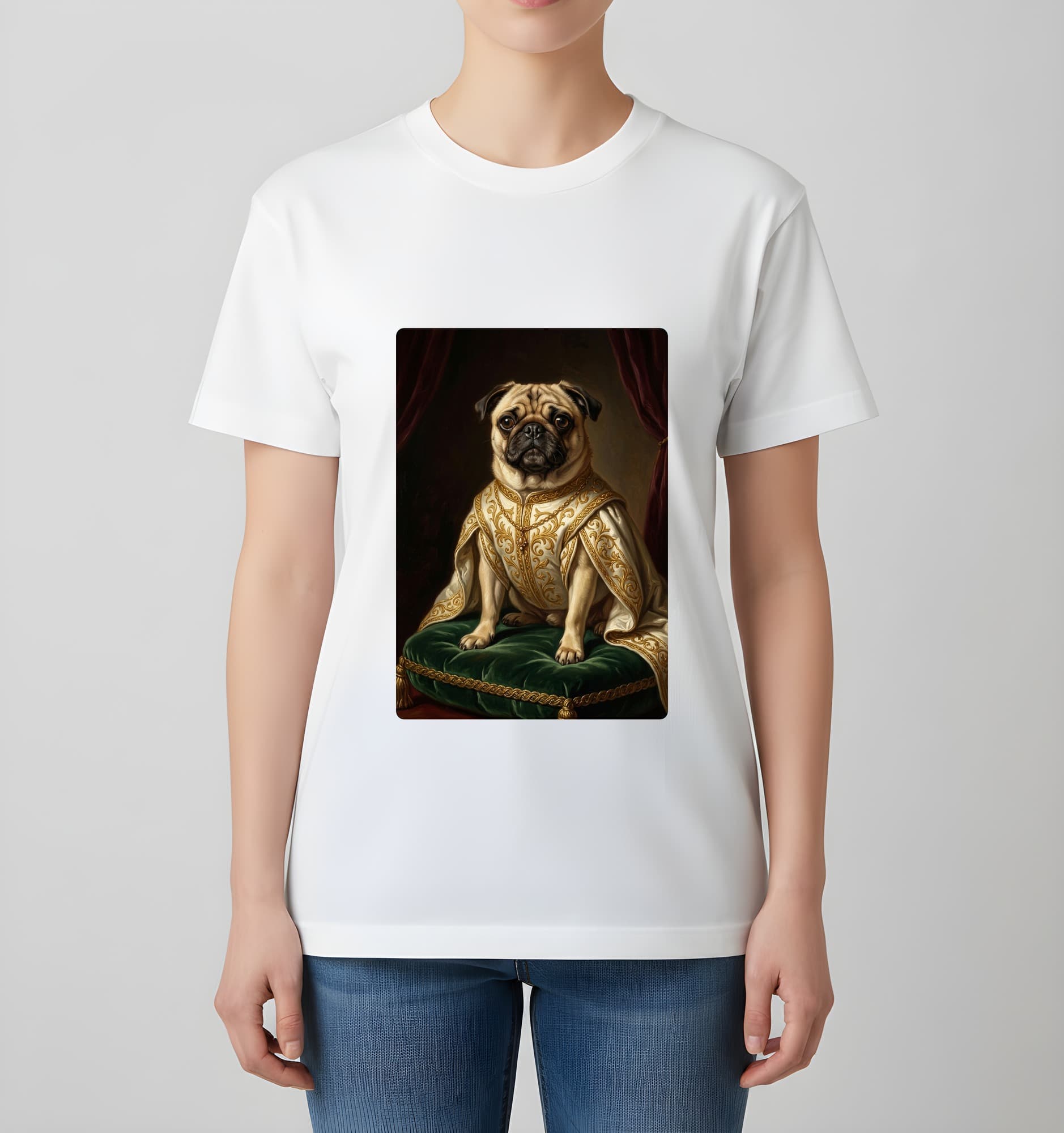 pug Renaissance Portrait T-Shirt (White, Color Print, No Frame) 4
