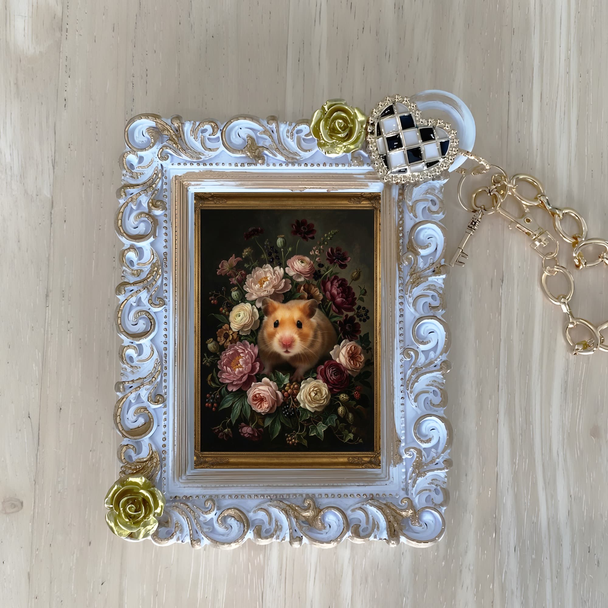 Golden hamster Floral Oil-Painting Floral Bag Charm (White)