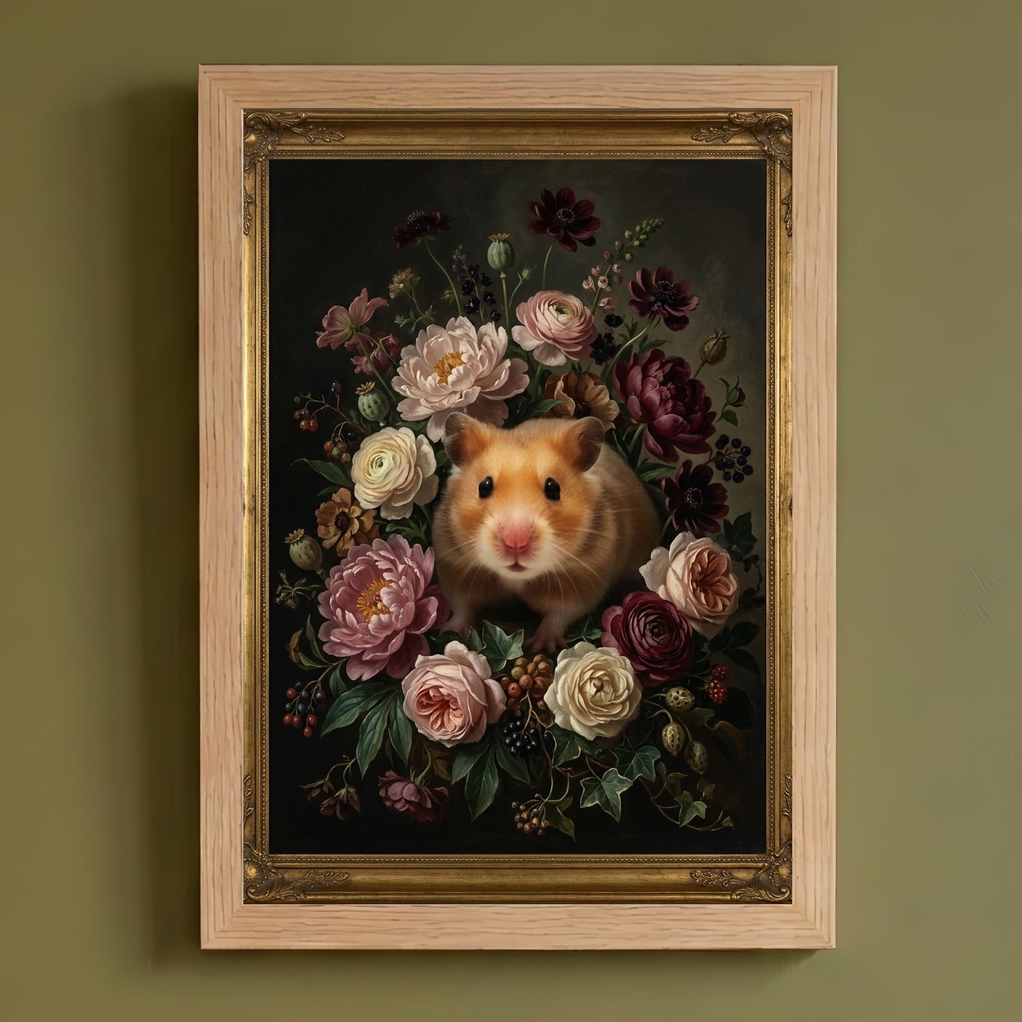 ゴールデンハムスターの花の油絵風アート花柄額装プリント(A4サイズ)
