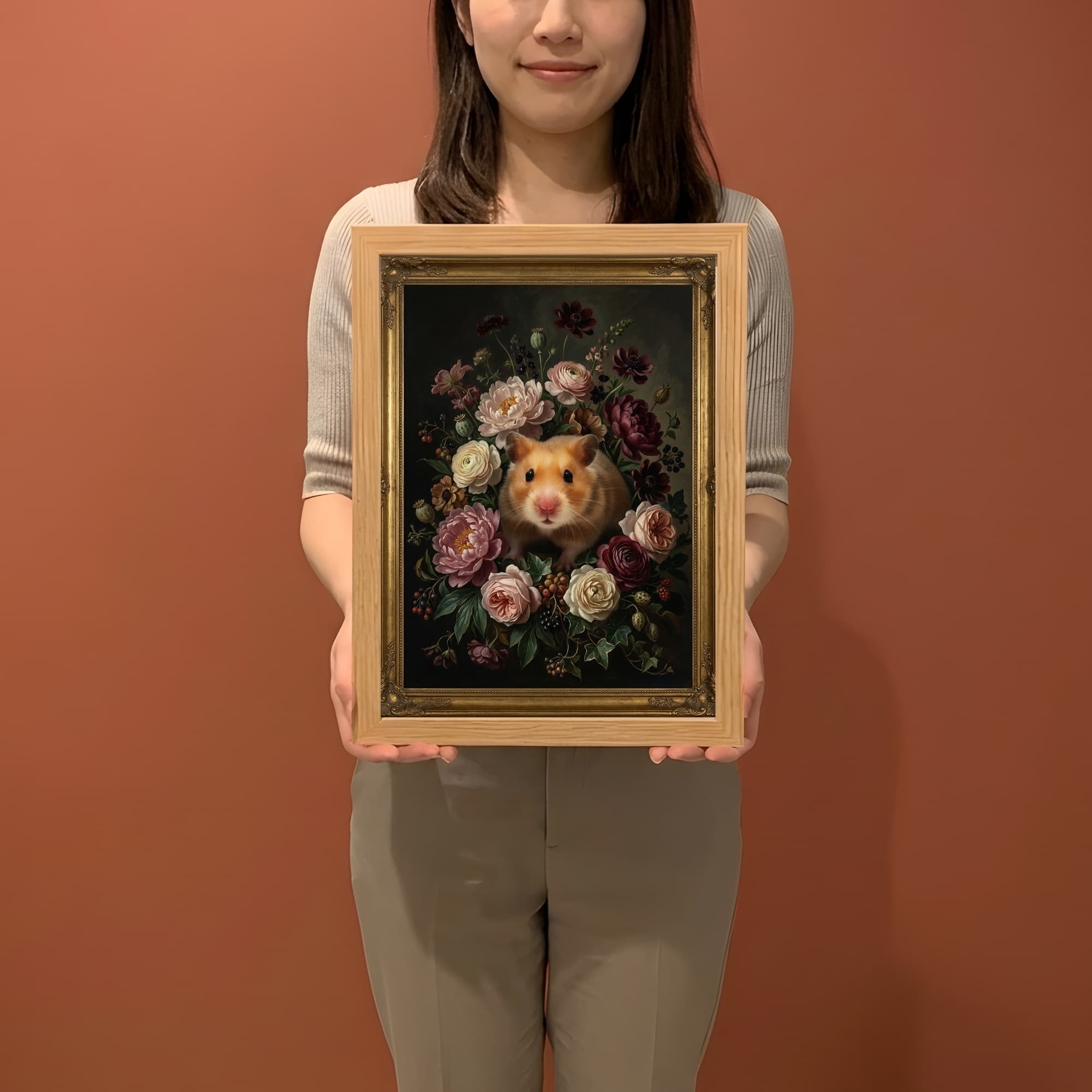 ゴールデンハムスターの花の油絵風アート花柄額装プリント(A4サイズ) 2