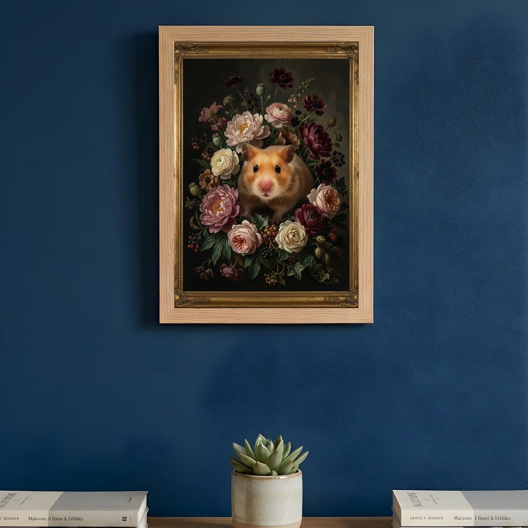 ゴールデンハムスターの花の油絵風アート花柄額装プリント(A4サイズ) 3