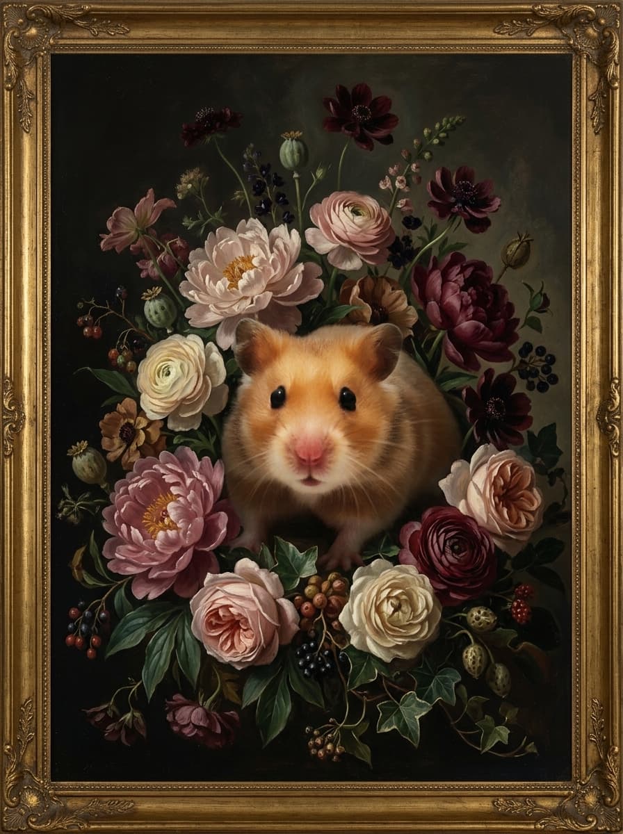 ゴールデンハムスターの花の油絵風アート花柄額装プリント(A4サイズ) 4