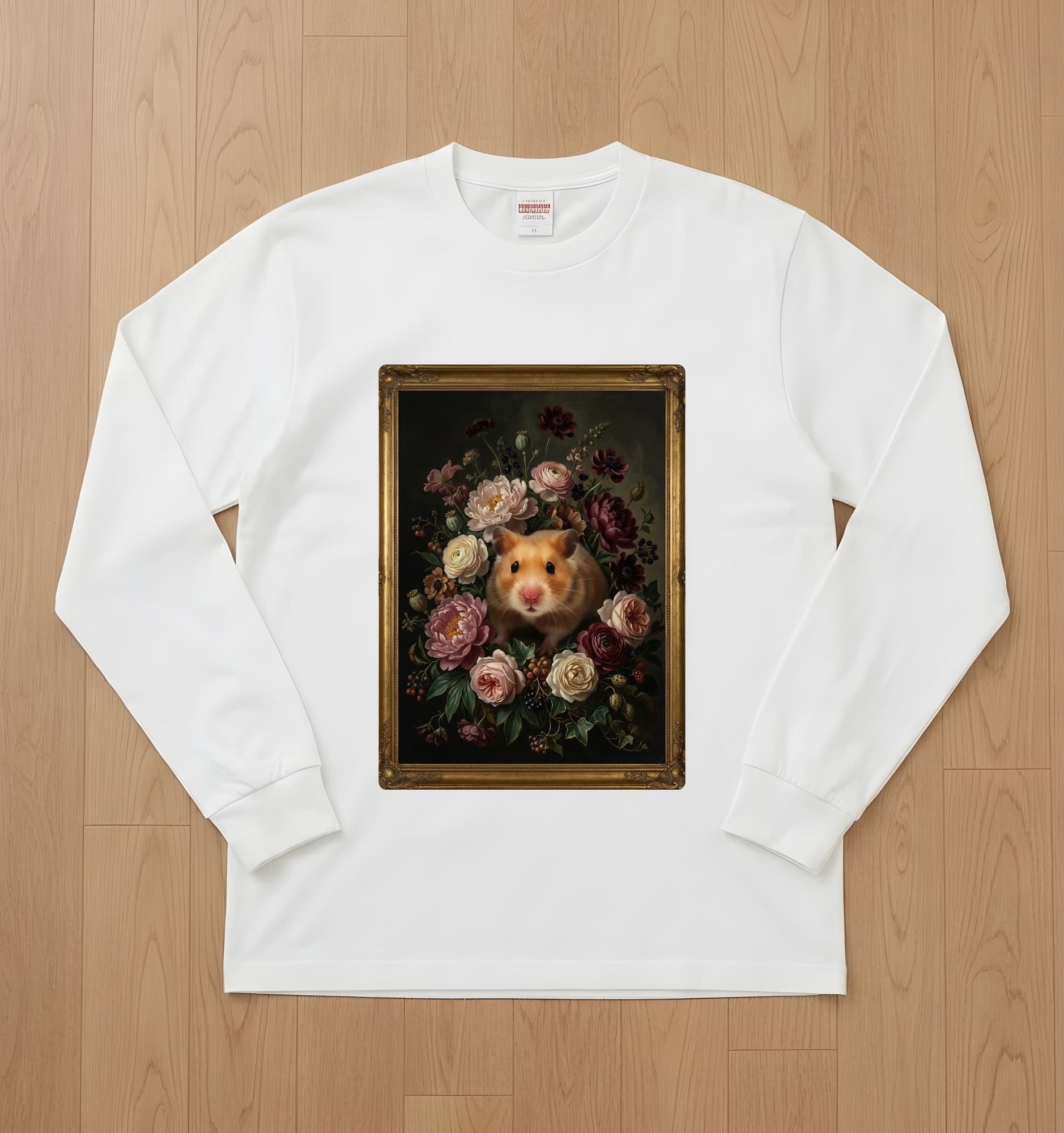 Golden hamster Floral Oil-Painting Floral Long Sleeve T-Shirt (White)