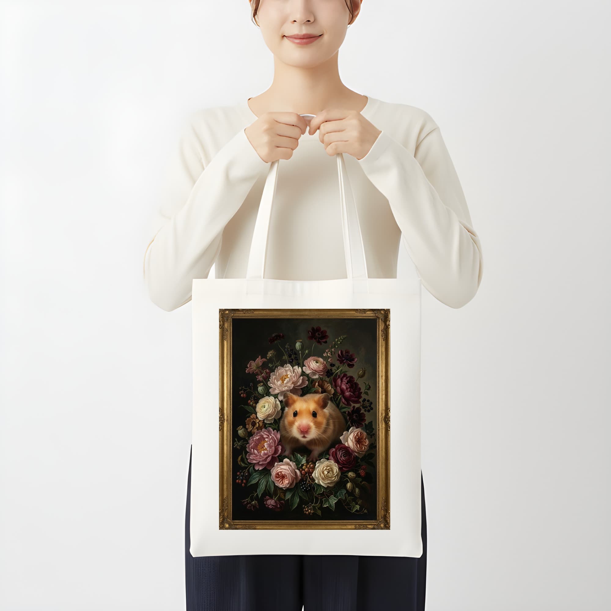 Golden hamster Floral Oil-Painting Floral Tote Bag 3