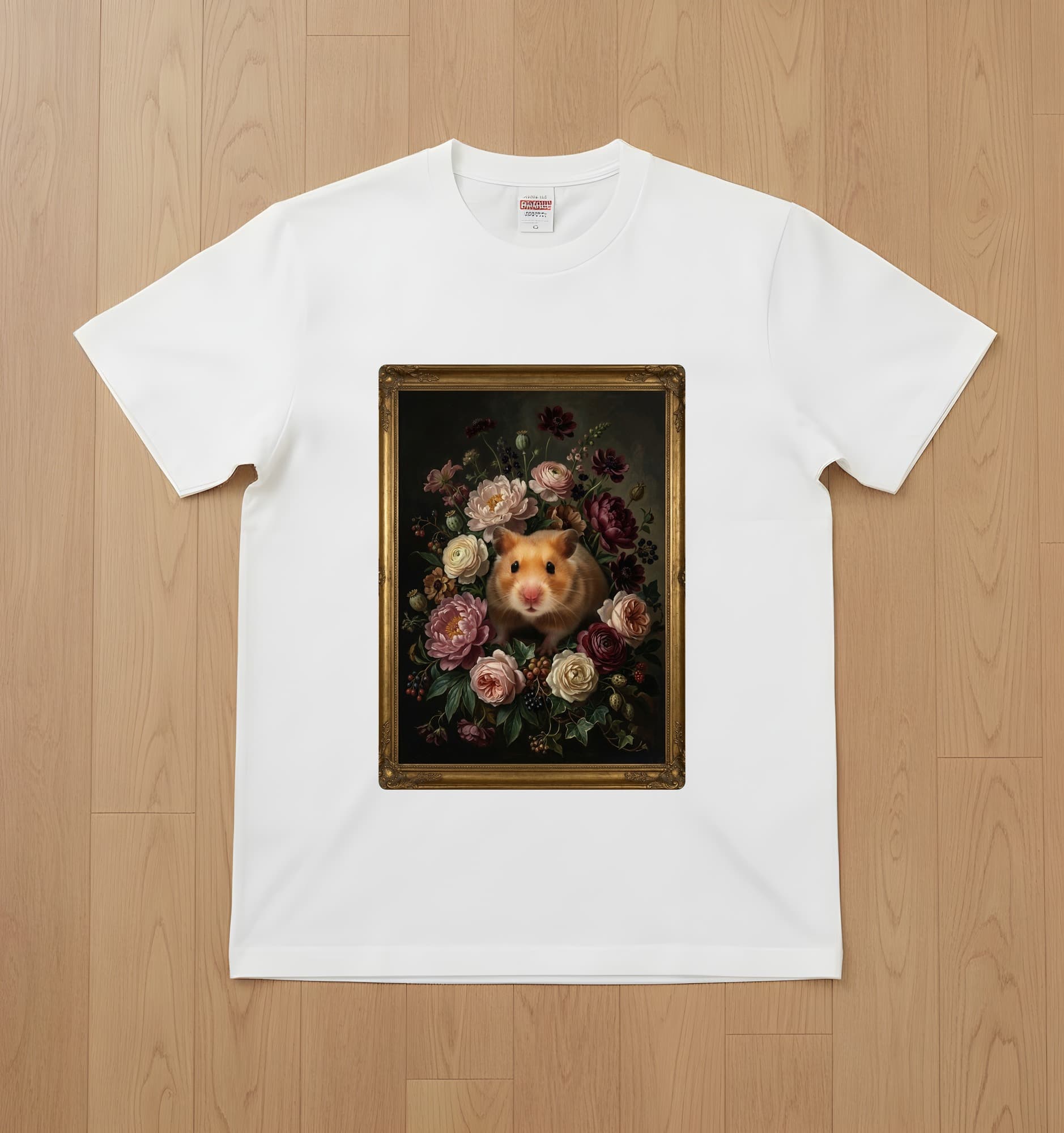 ゴールデンハムスターの花の油絵風アート花柄Tシャツ(ホワイト)