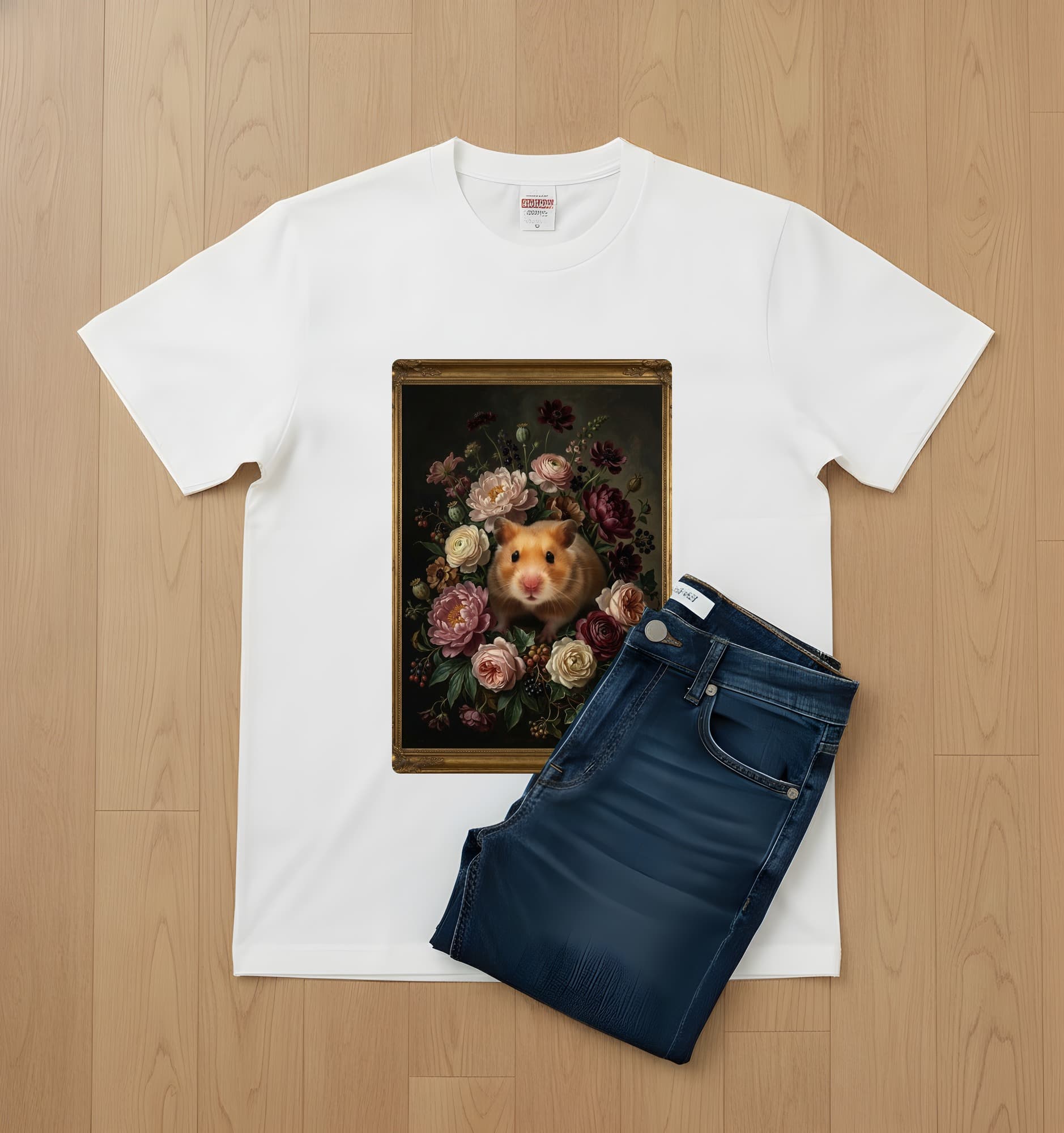 ゴールデンハムスターの花の油絵風アート花柄Tシャツ(ホワイト) 2
