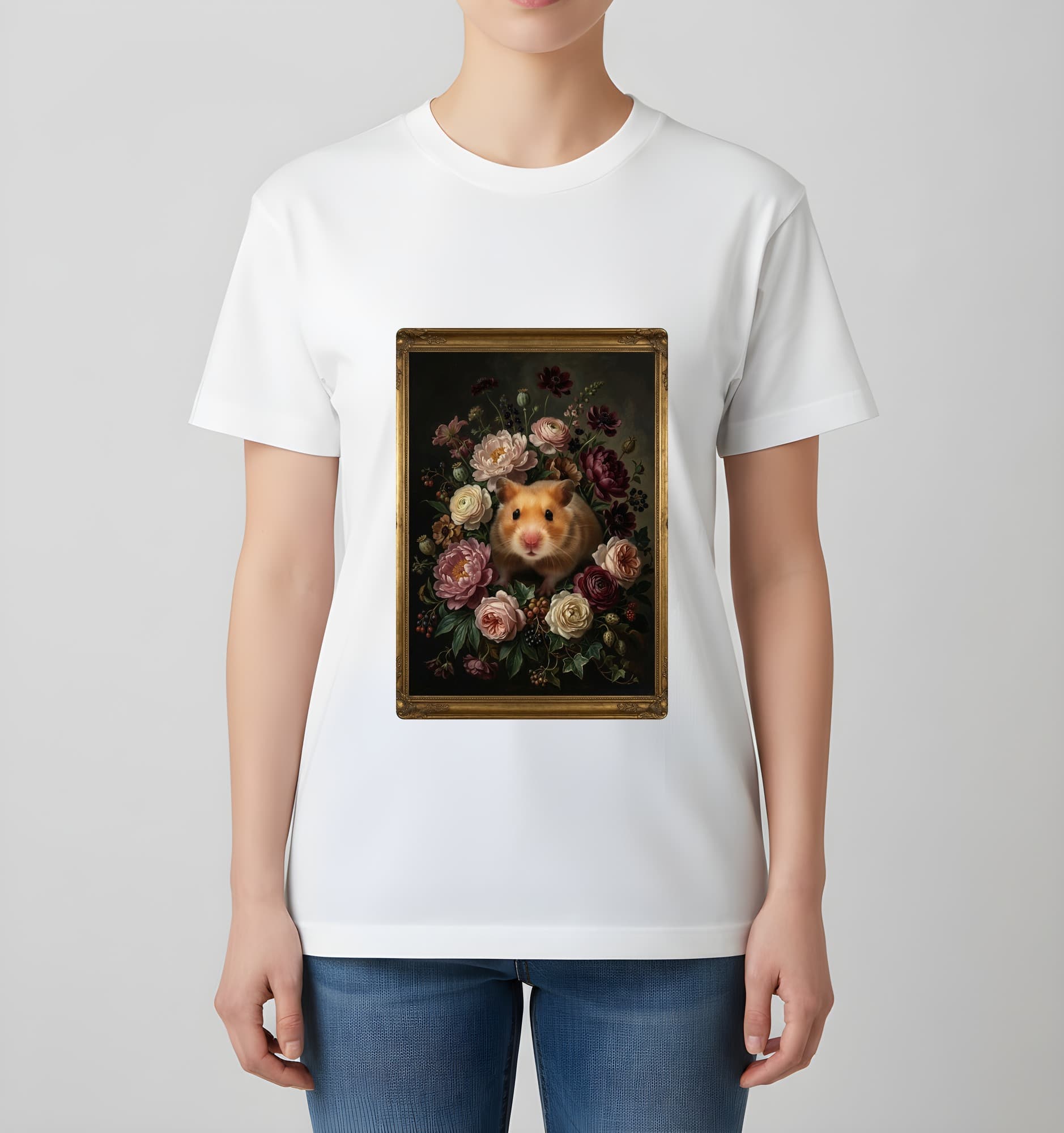 ゴールデンハムスターの花の油絵風アート花柄Tシャツ(ホワイト) 4