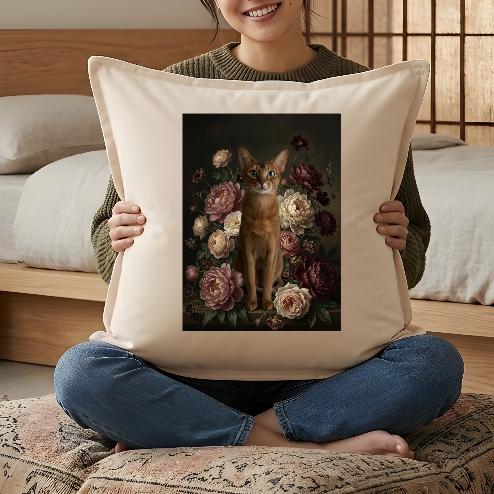アビシニアンの花の油絵風アート花柄クッション 3