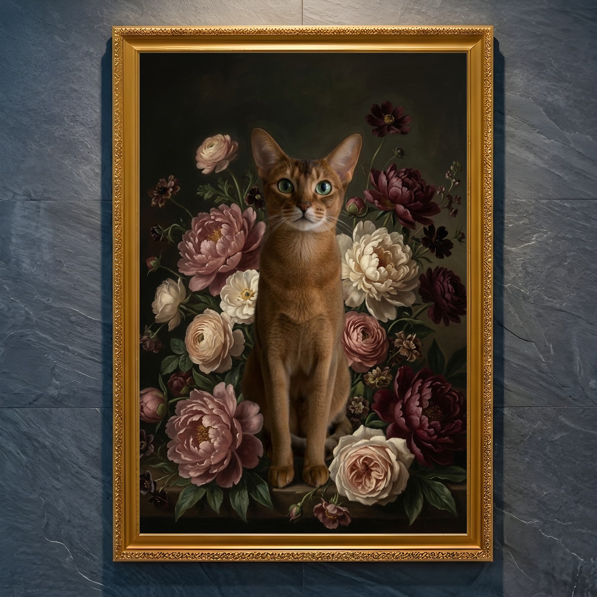 アビシニアンの花の油絵風アート花柄額装プリント(A4金縁)