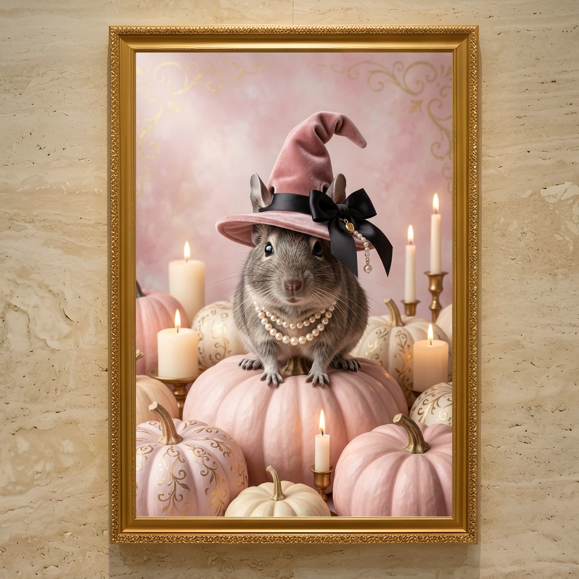 デグーのかぼちゃとキャンドルの油絵風アートハロウィン額装プリント(A3サイズ)